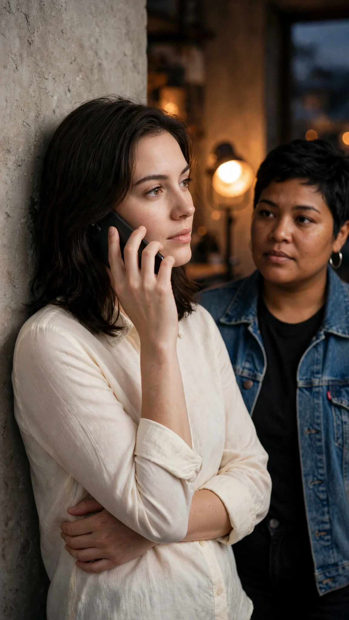 Maris stands with the phone at her ear, back against the studio wall, Jules nearby.