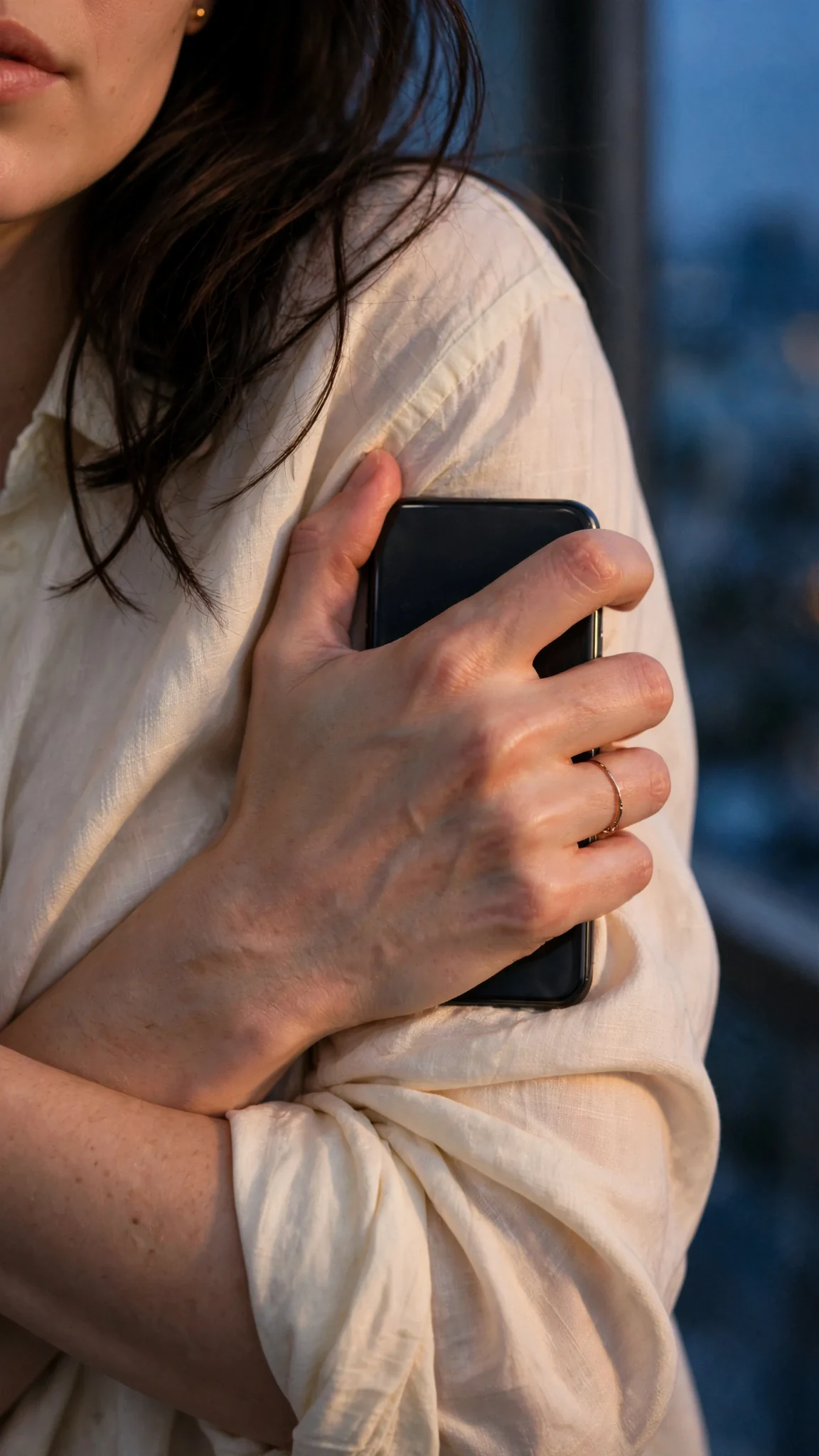 Maris's hand is white-knuckled on the phone, her other arm wrapped around herself.