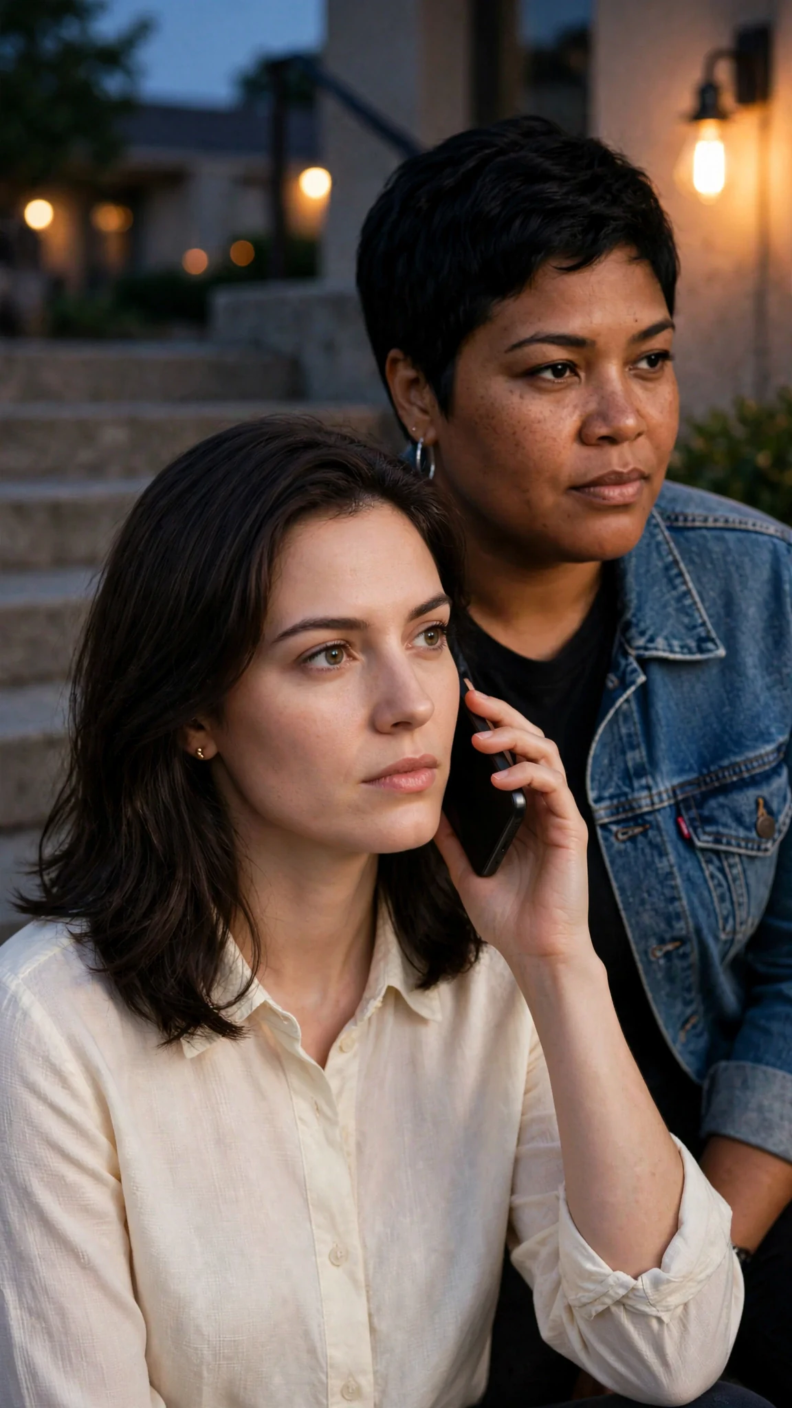 Maris speaks into the phone with her chin lifted, Jules watching from behind.
