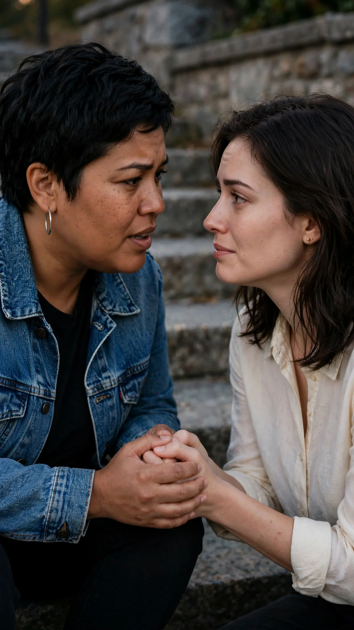 Jules holds both of Maris's hands, speaking close to her face.