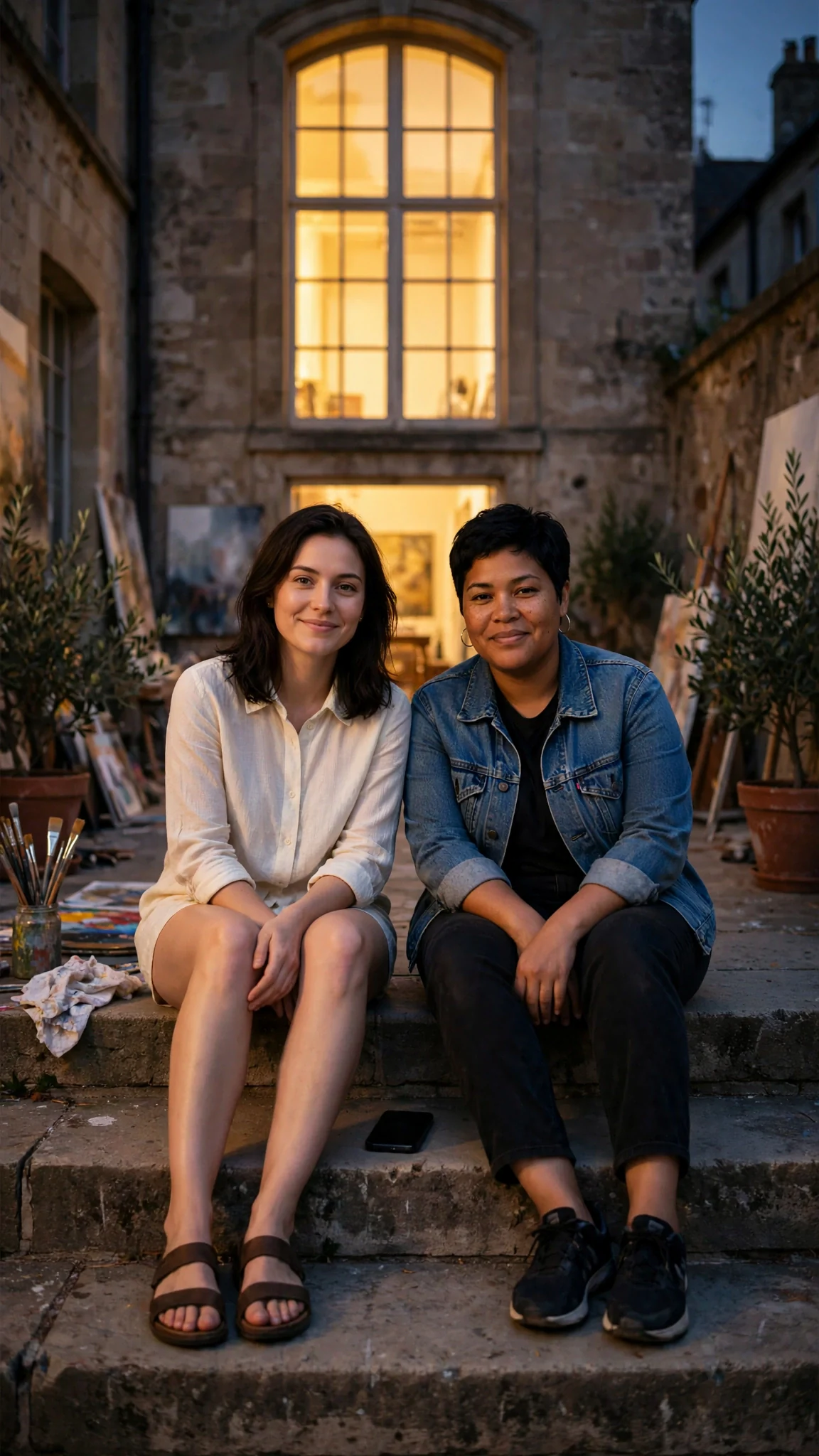 The two women sit together on the dark steps below the studio's glowing window.