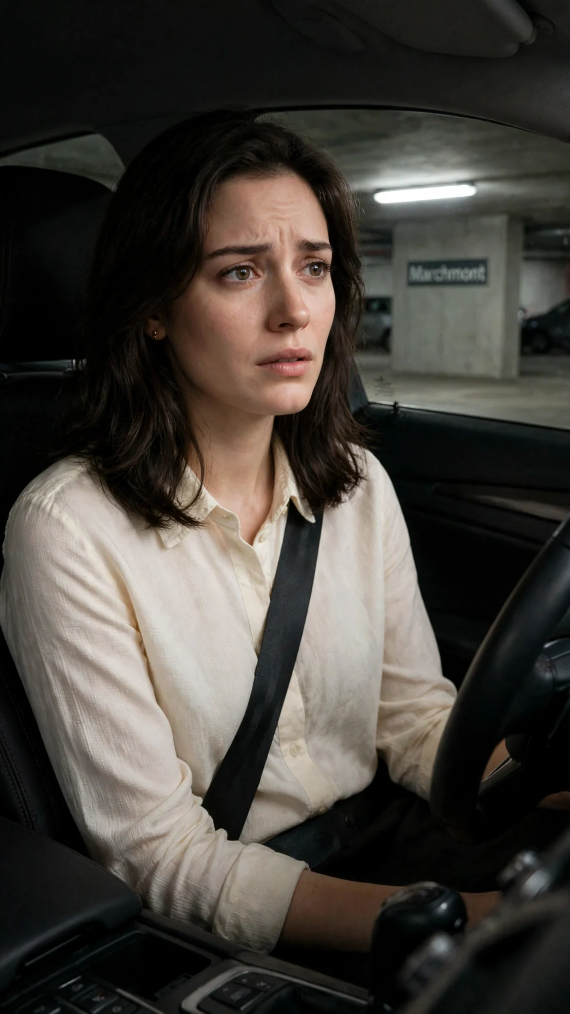Maris sits alone in a dead car in a dim parking garage.