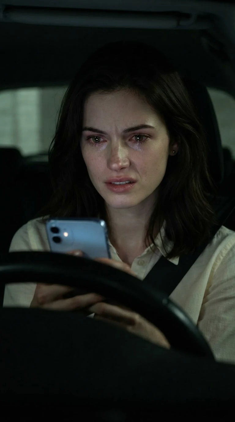 Maris looks down at a cruel text from Alistair, her jaw tight.