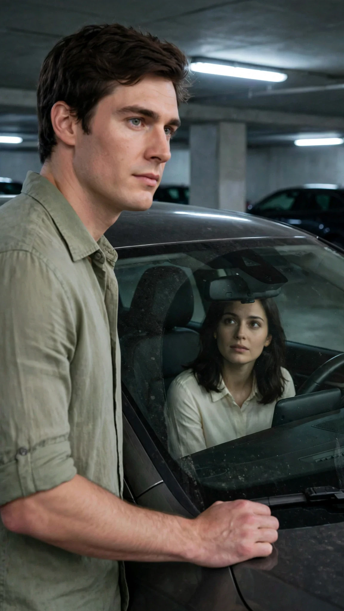 Rory waits by the hood of Maris's car, asking permission.