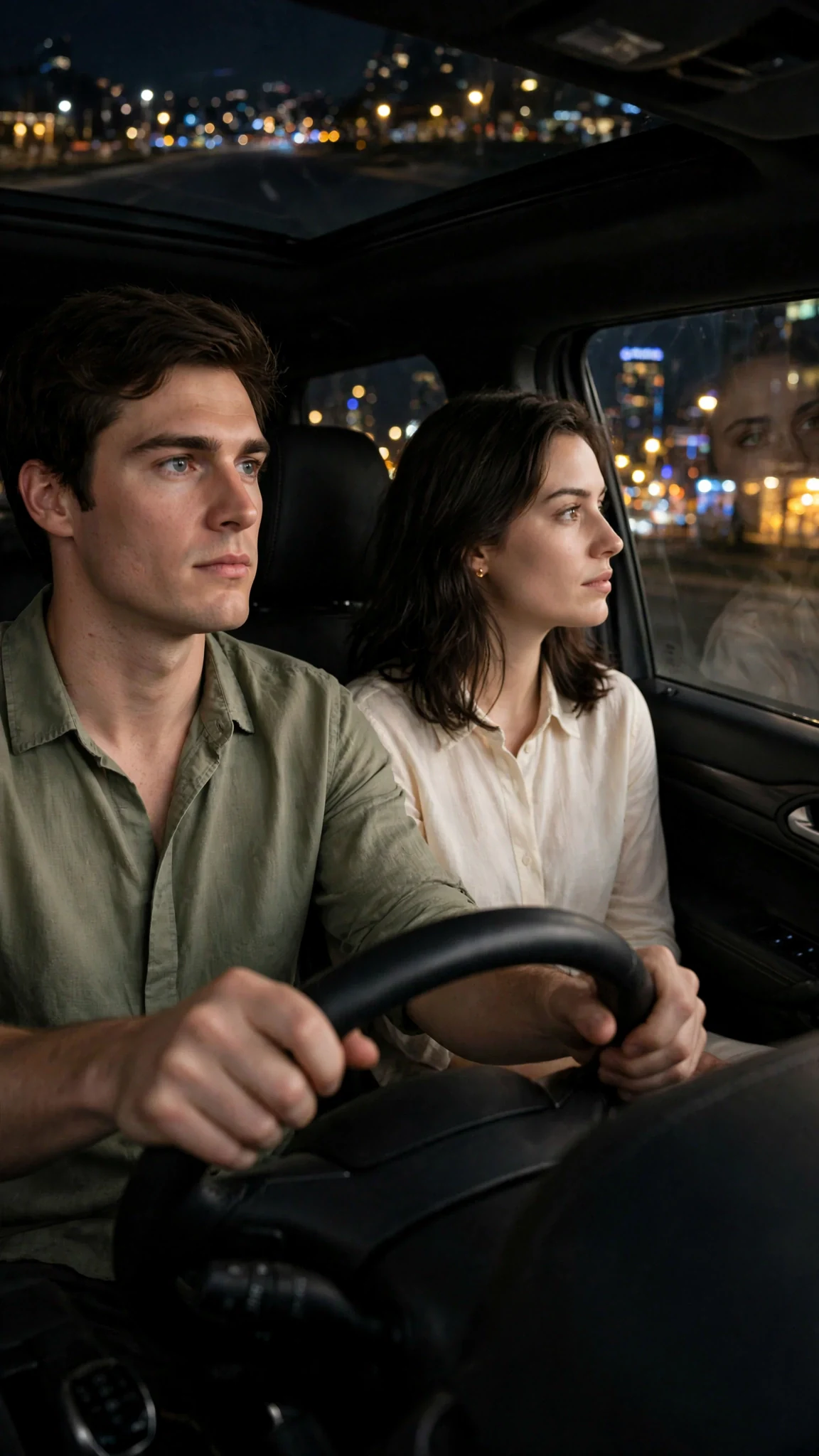 Maris sits in Rory's car as he drives through the city at night.