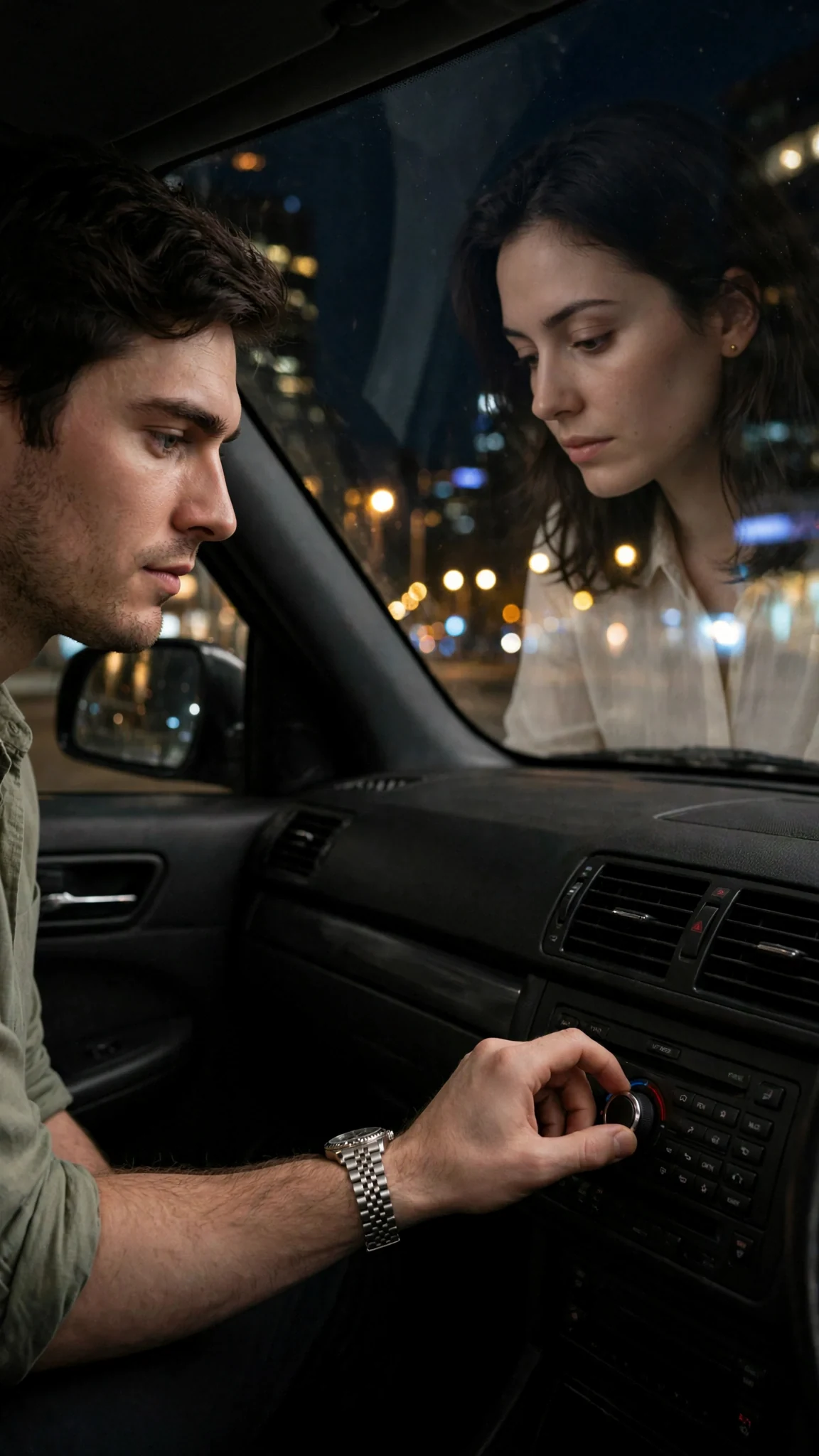 Rory turns on the radio low as they drive through the city.