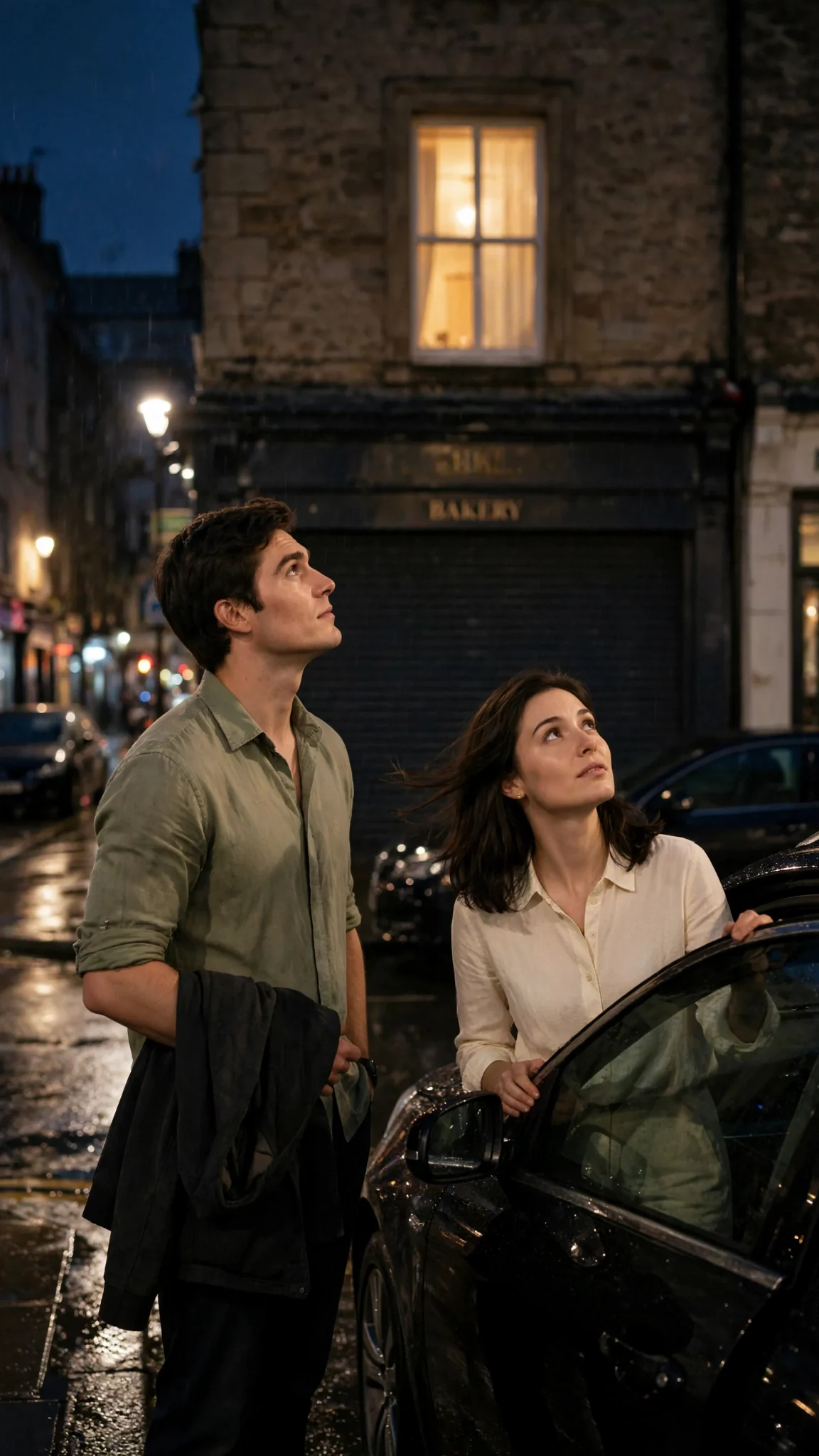 Rory parks outside Maris's studio above a closed bakery.