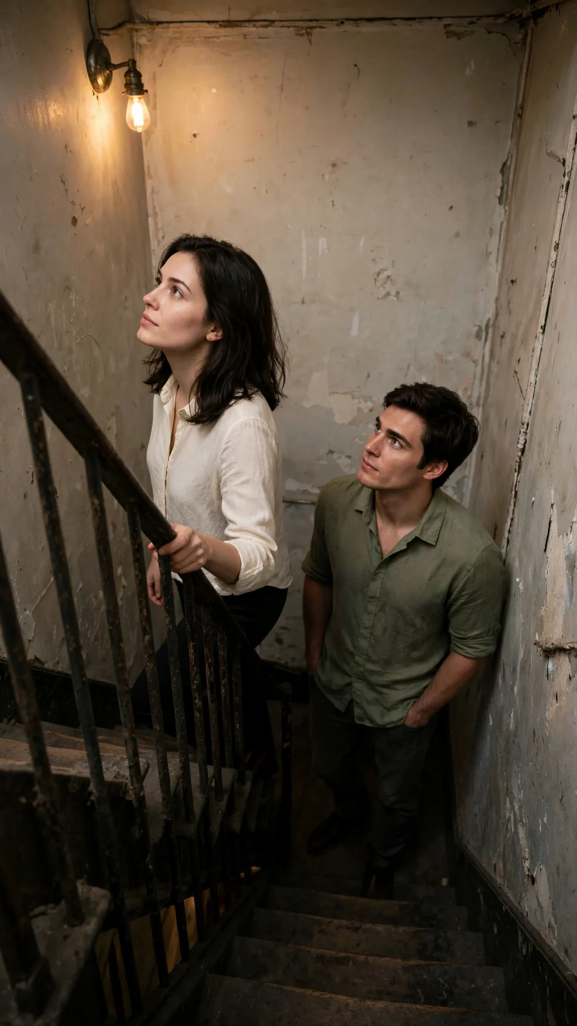 Rory walks behind Maris up the narrow studio stairs.