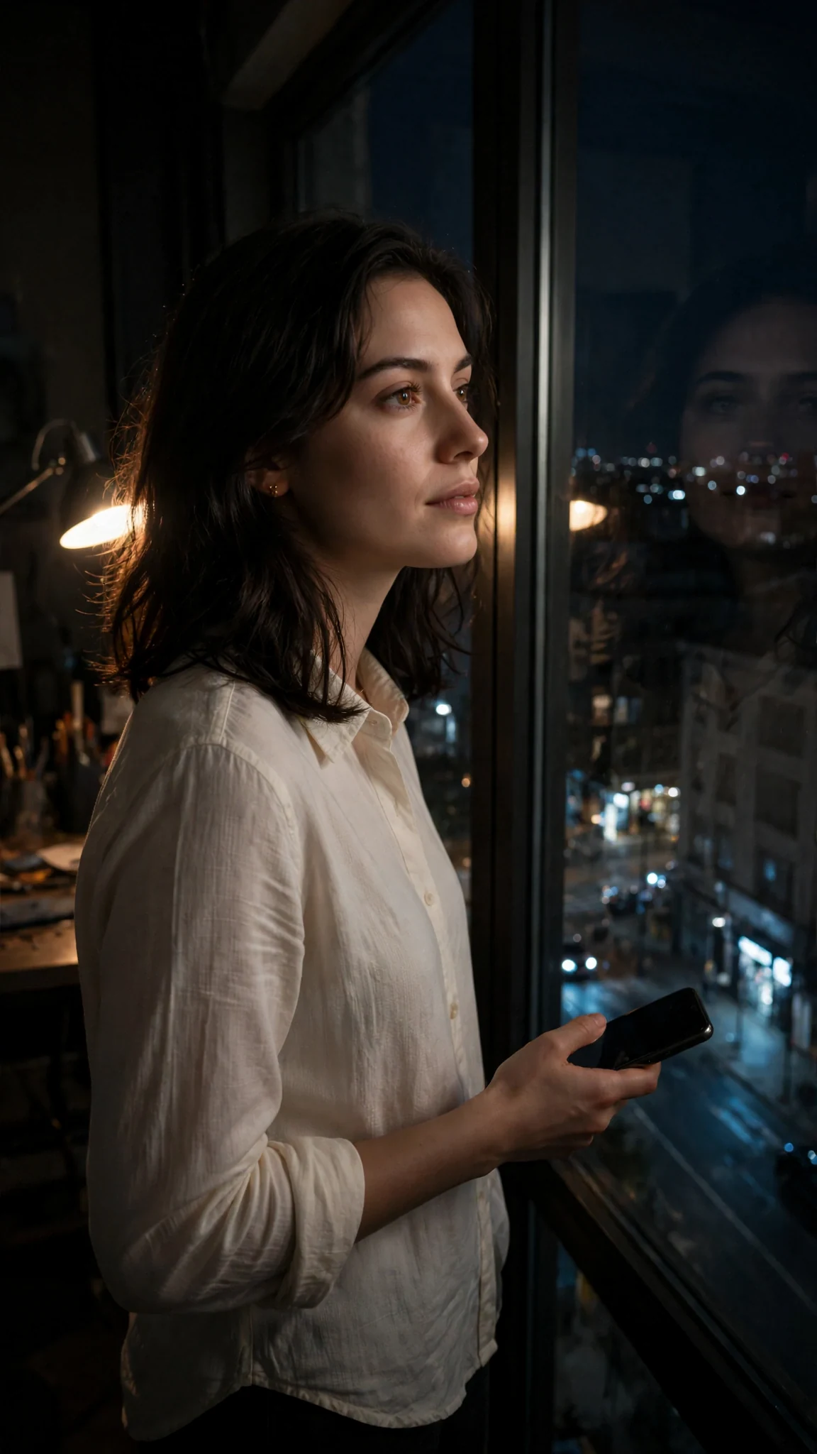 Maris stands at her studio window, alone but steady.