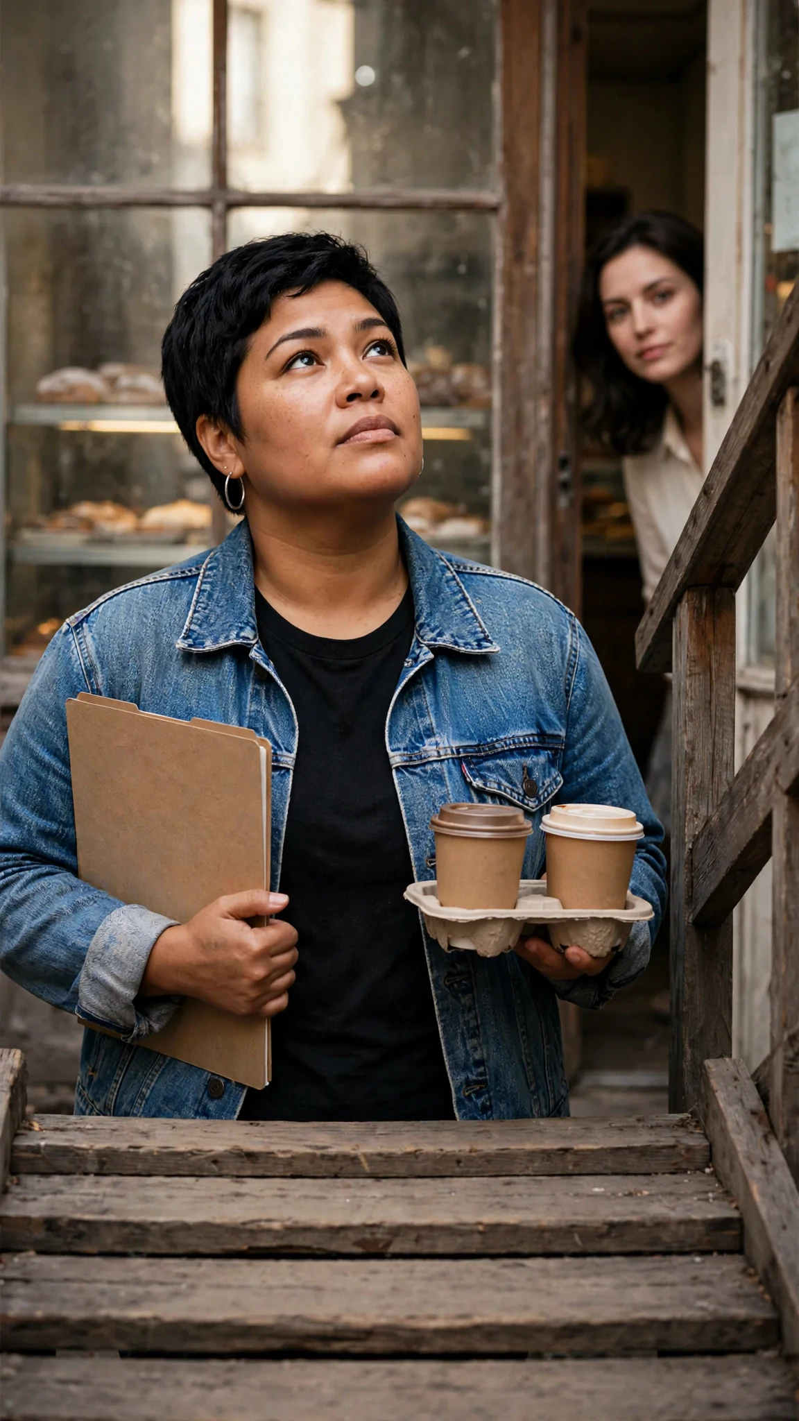 Jules waits on the narrow studio stairs in the morning light, holding a folder and two coffees.