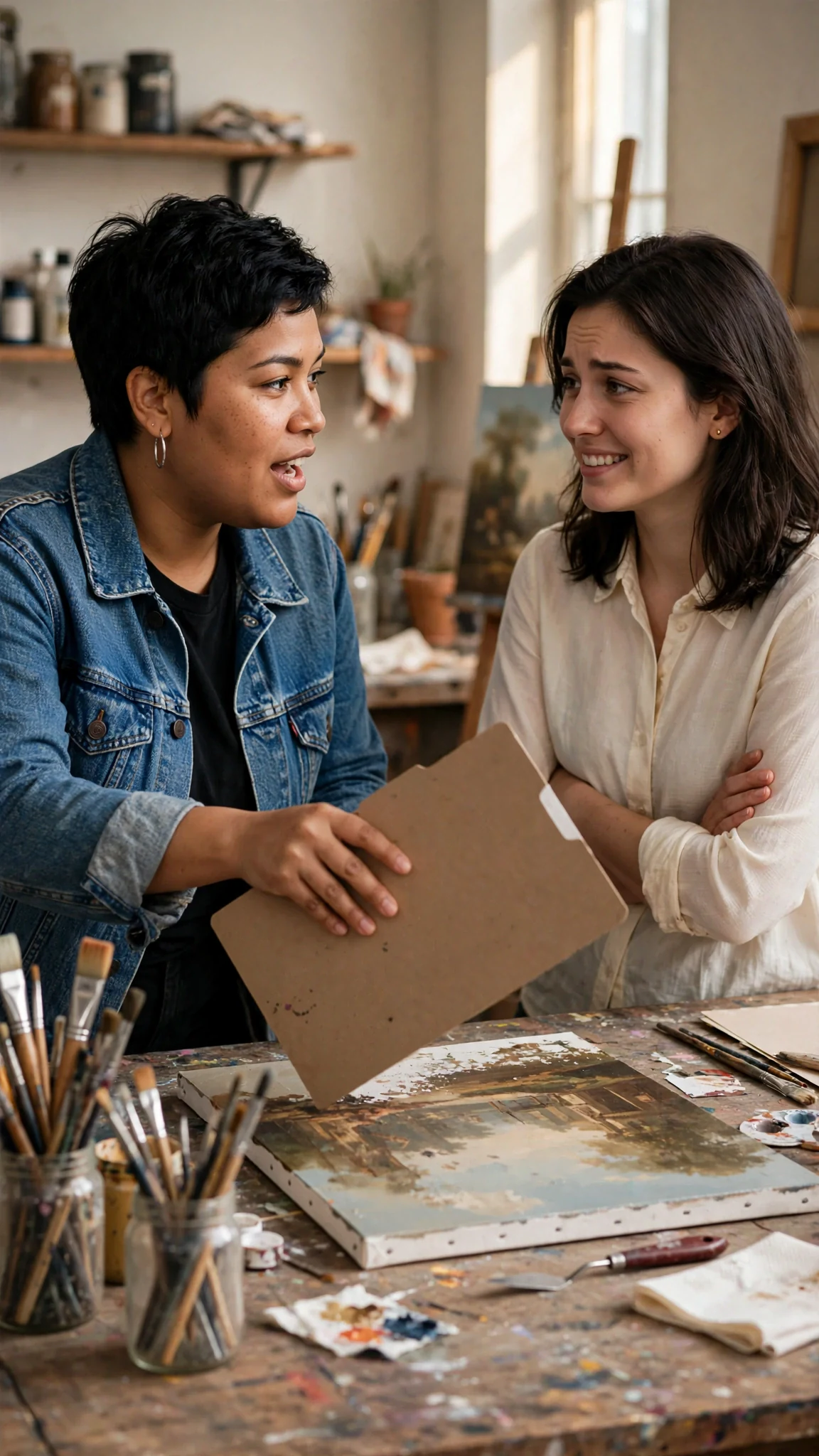 Jules sets the folder on the studio worktable beside a half-cleaned painting.