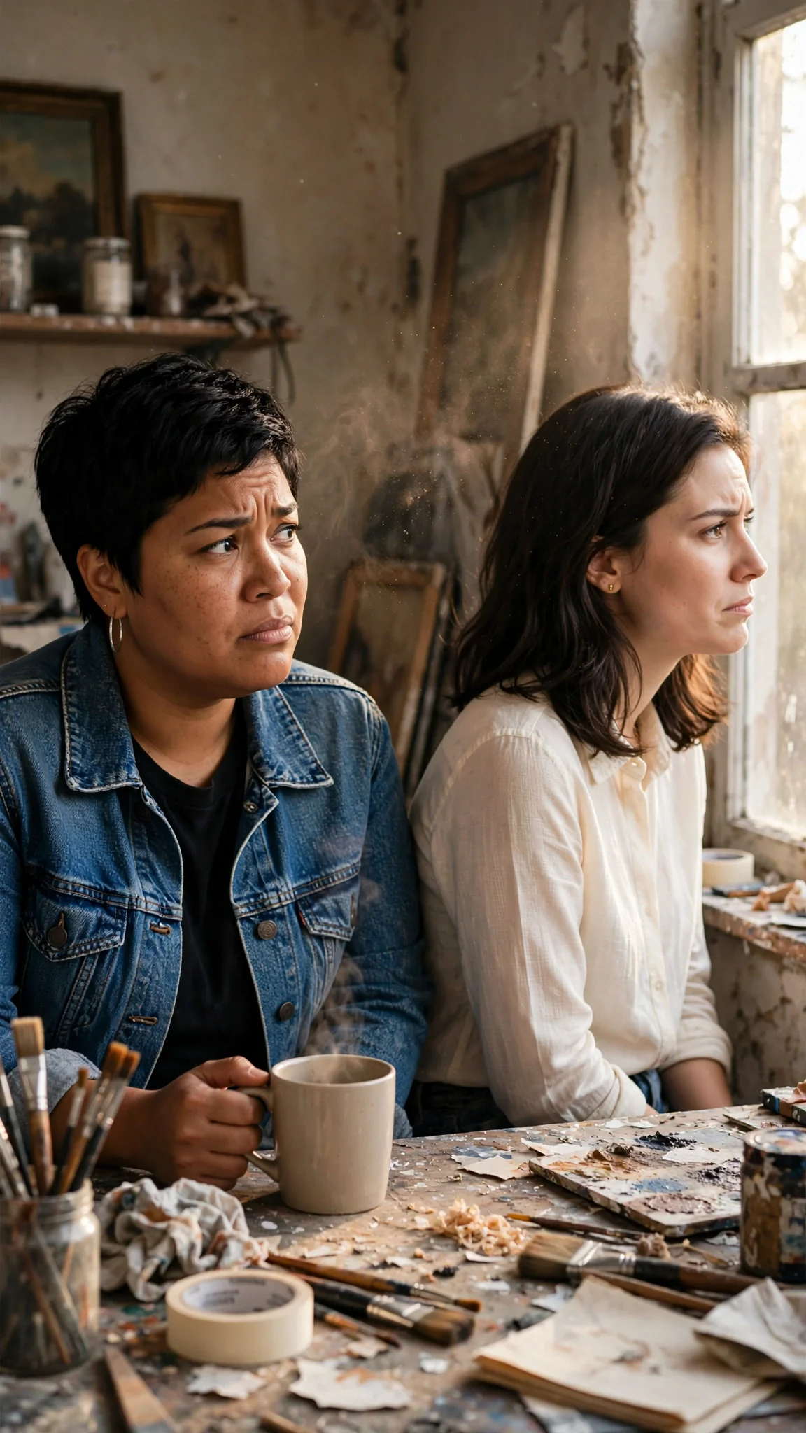Jules leans on the worktable, blunt and unimpressed, while Maris looks away.