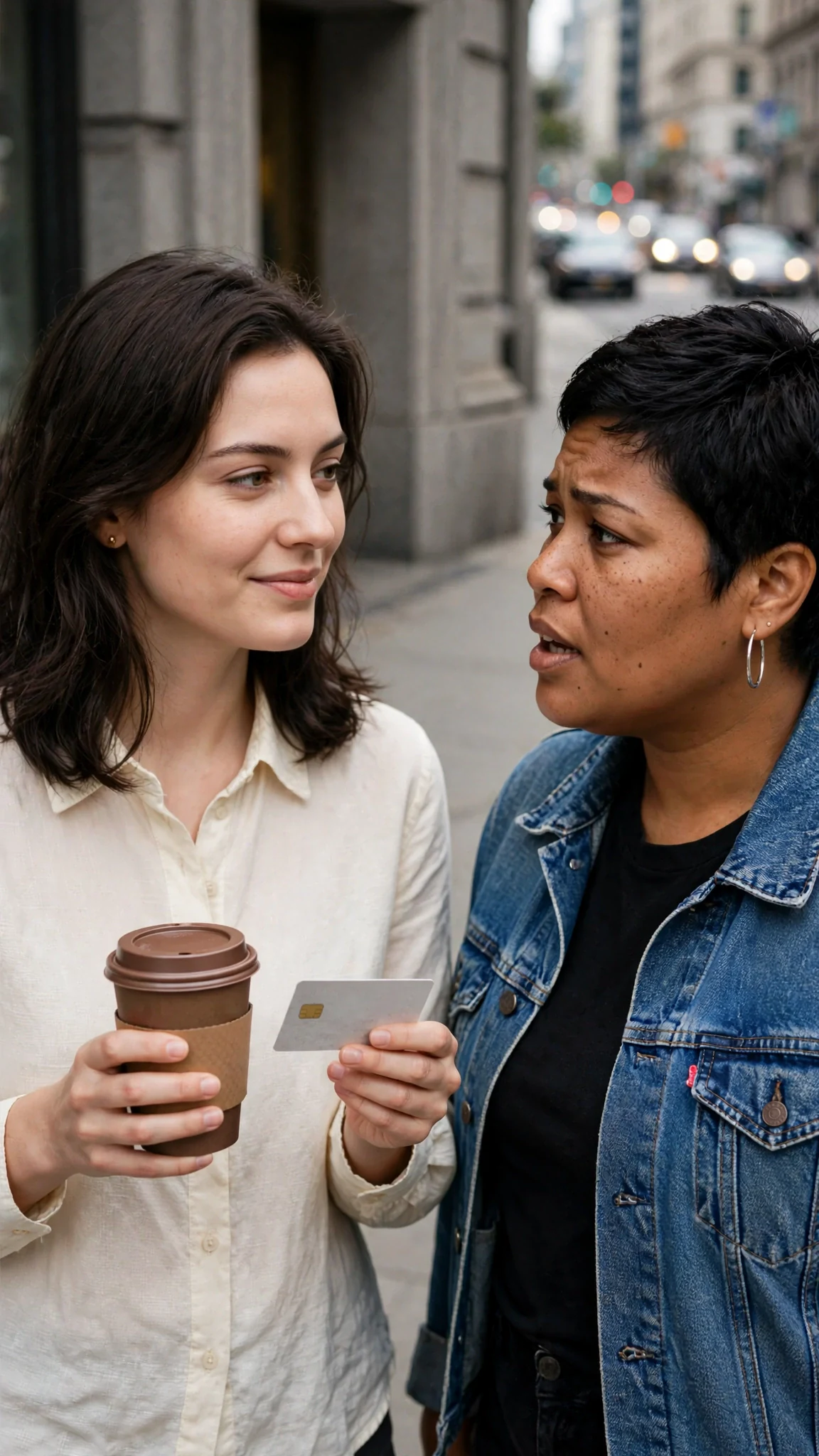 The two friends stand on a city sidewalk outside the bank with coffees.