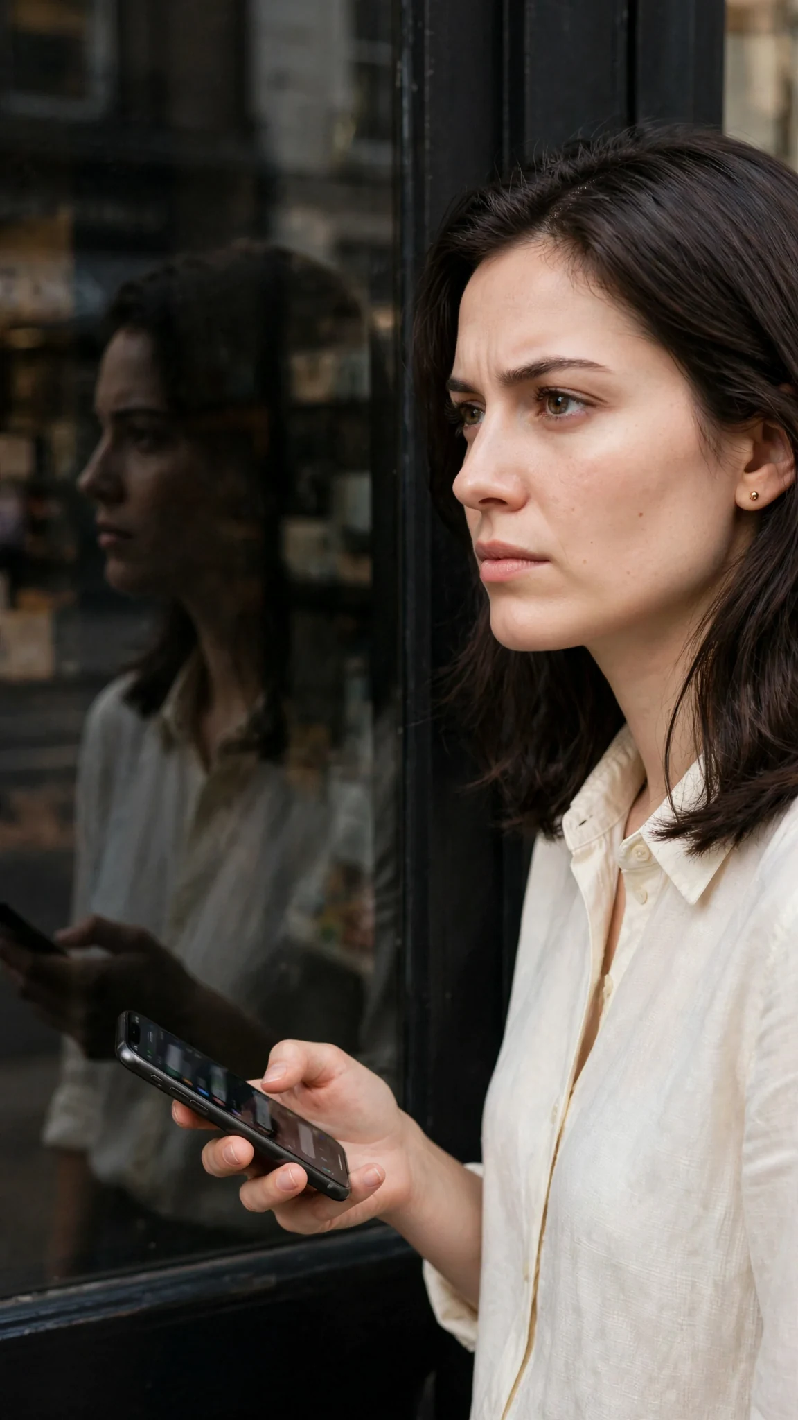 Maris looks off down the street, thinking, her thumb over Alistair's name on her phone.