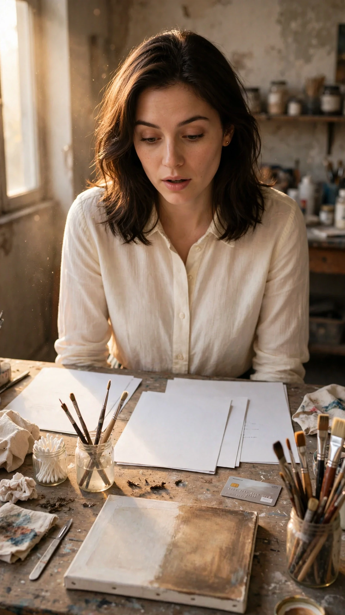 Maris spreads bank papers across the studio worktable beside a half-cleaned painting.