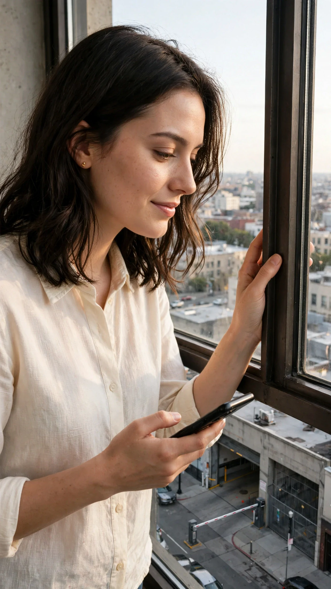 Maris stands at the studio window looking down at the street, phone in hand.