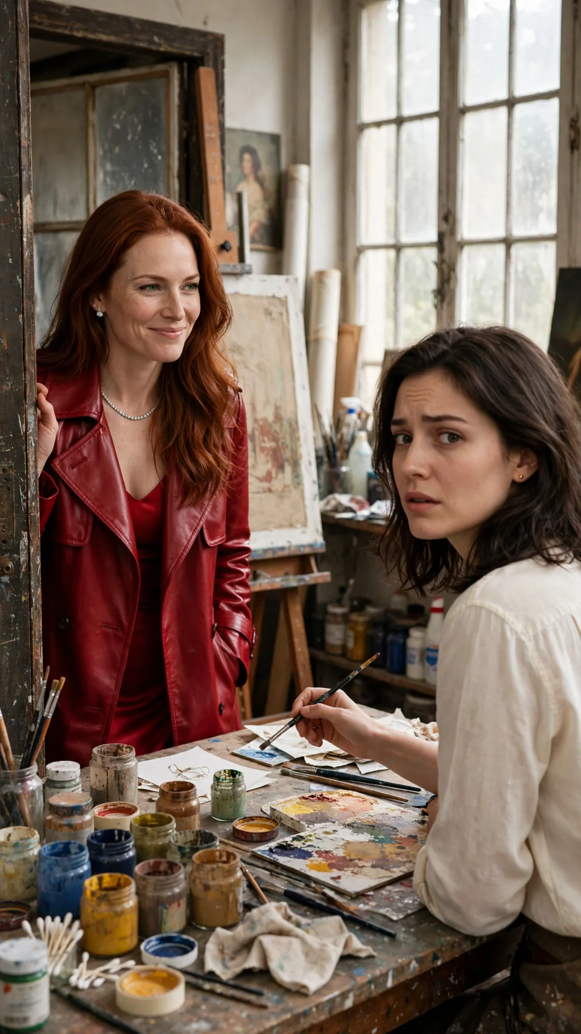 Clarissa stands in the doorway of Maris's studio in a red coat, smiling while Maris stands at her worktable.