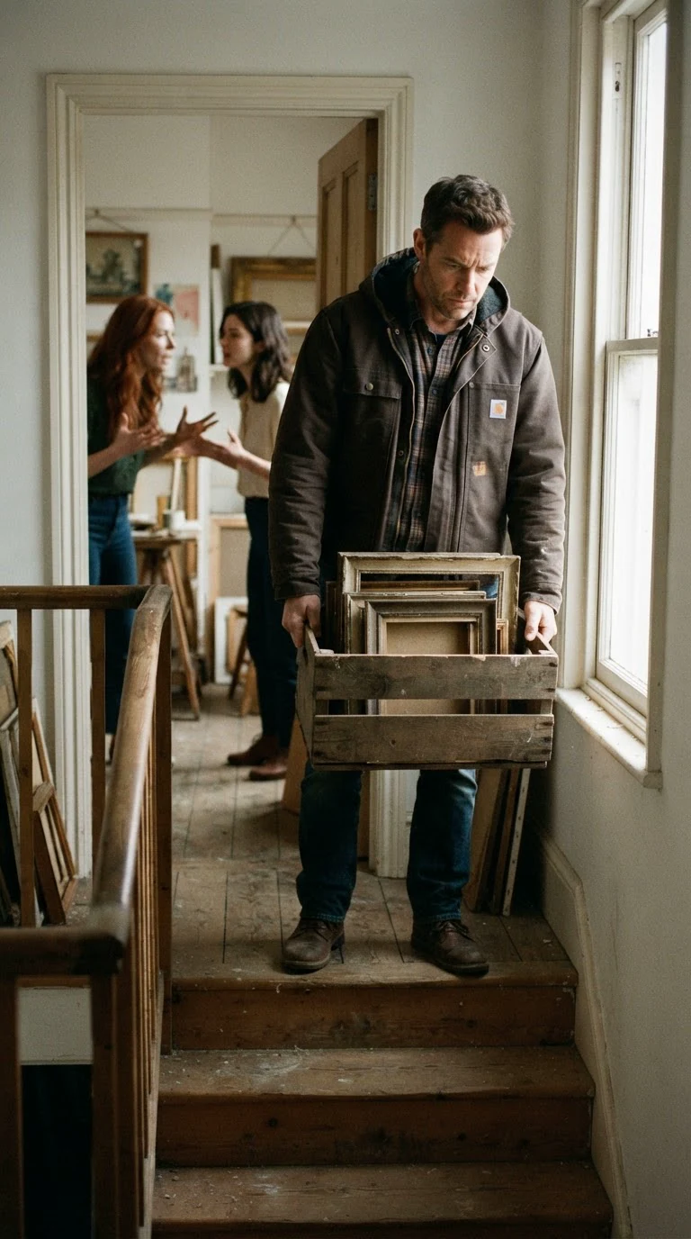 A courier with a crate of picture frames stands frozen at the top of the studio stairs, overhearing everything.