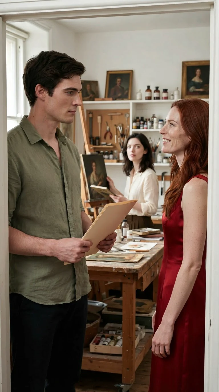 Rory appears in the studio doorway behind Clarissa, a foundation folder in one hand.