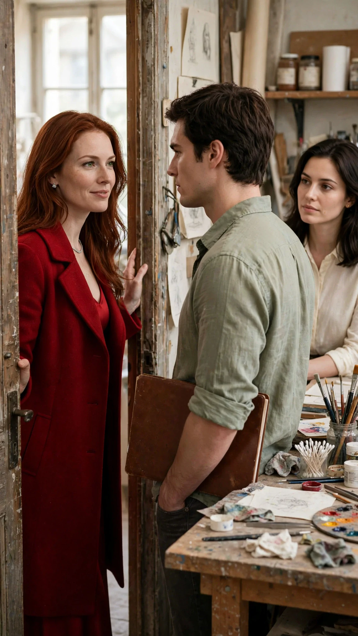 Clarissa pauses at the door to deliver a parting line, and Rory answers without turning his head.