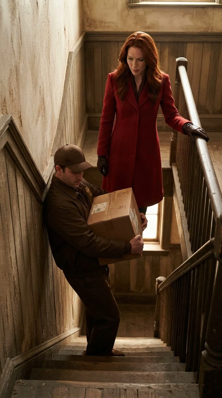 Clarissa descends the narrow wooden stairs without hurrying, her red coat bright against the dim stairwell.