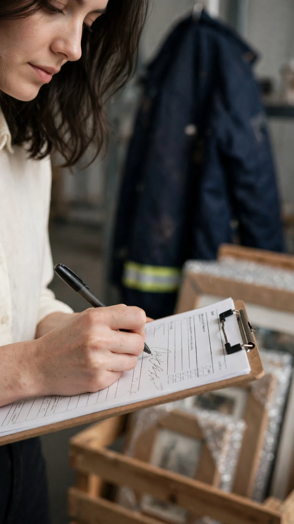 Maris signs a delivery slip with a shaking hand while the courier holds a clipboard.