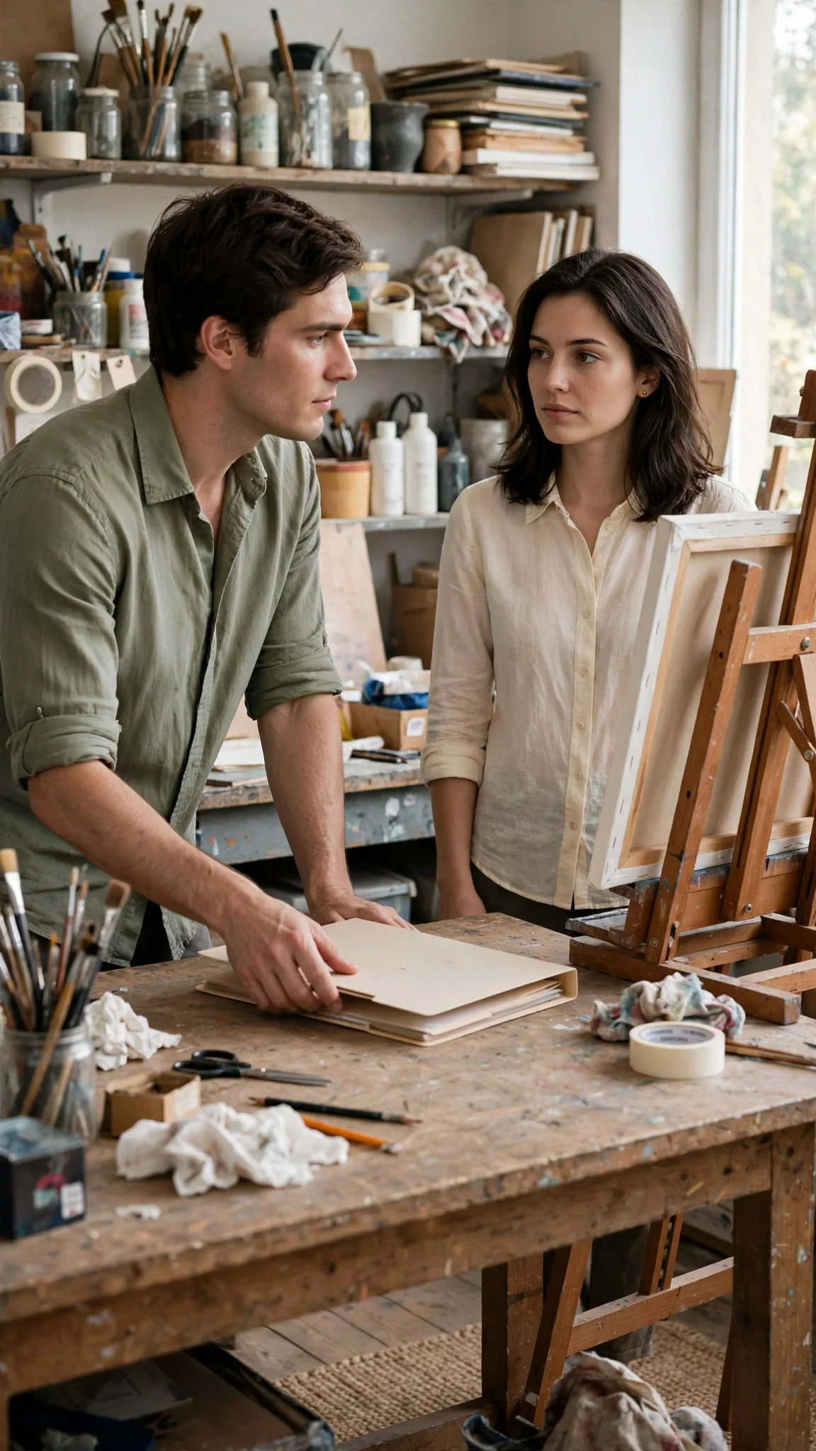 Rory sets the foundation folder on the worktable and looks at Maris across the room.