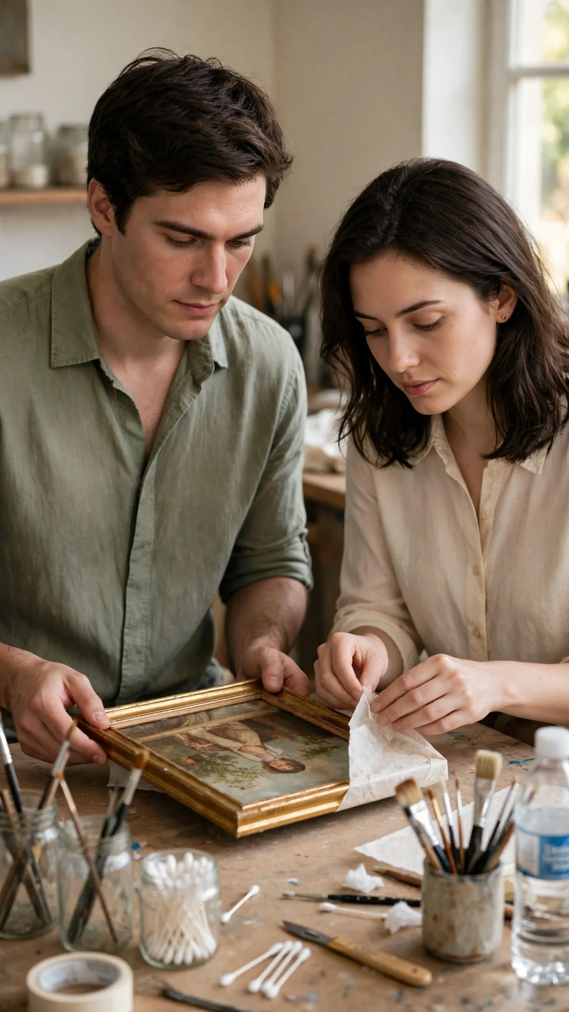 Rory holds the gilded panel steady while Maris wraps it in acid-free paper.