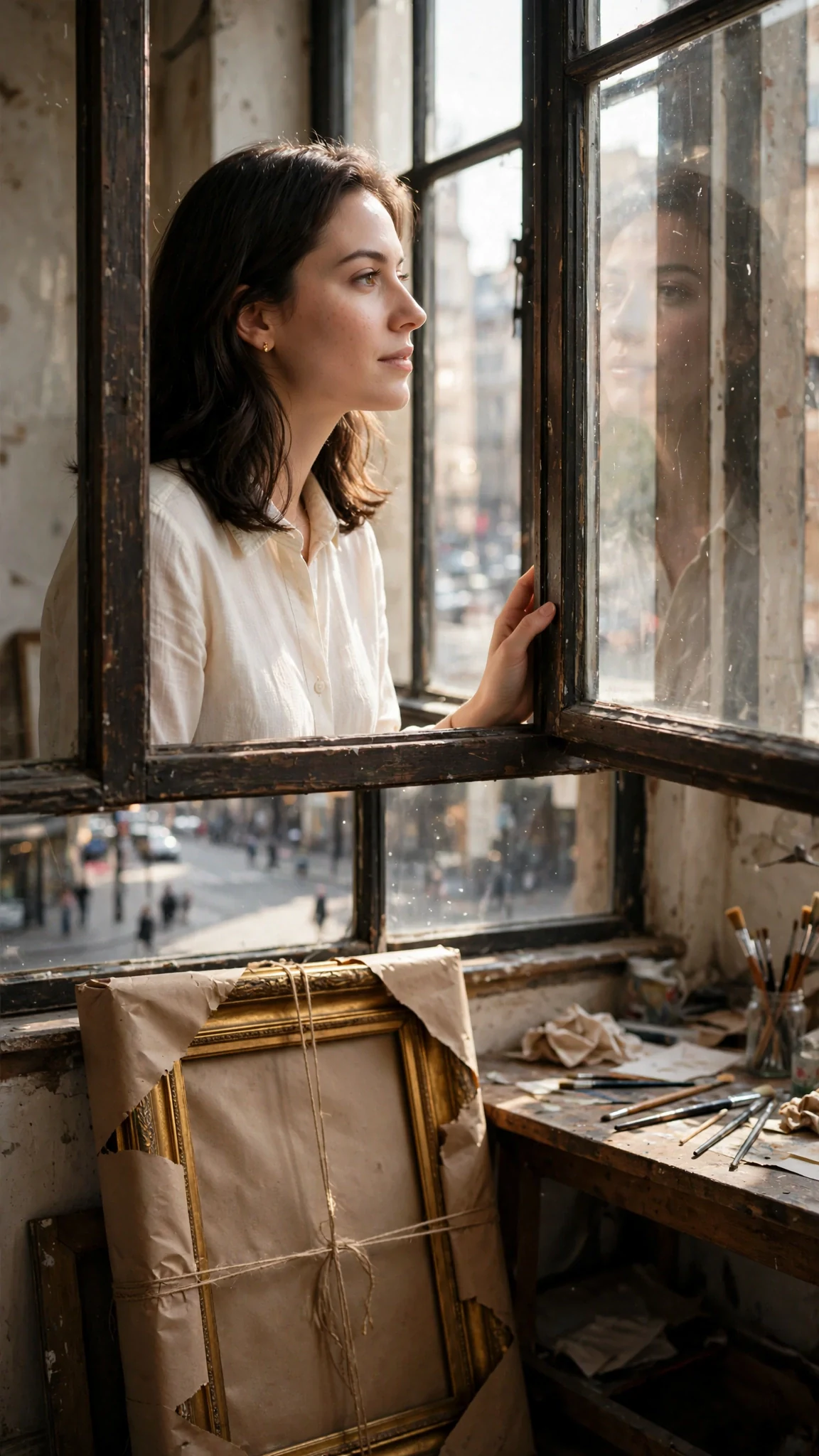 Maris stands alone in her studio at the window, looking down at the street below.