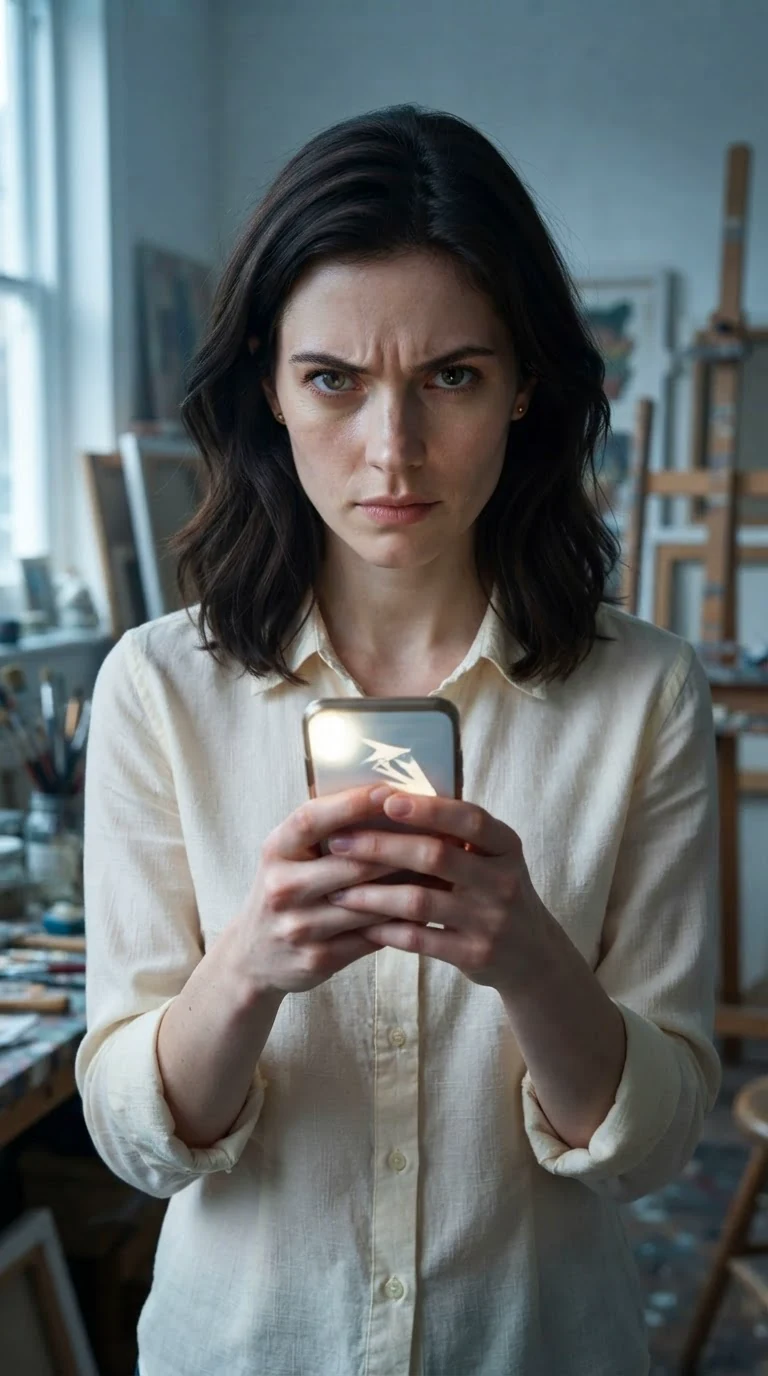 Maris stands in her studio holding her phone, her face tight with anger.