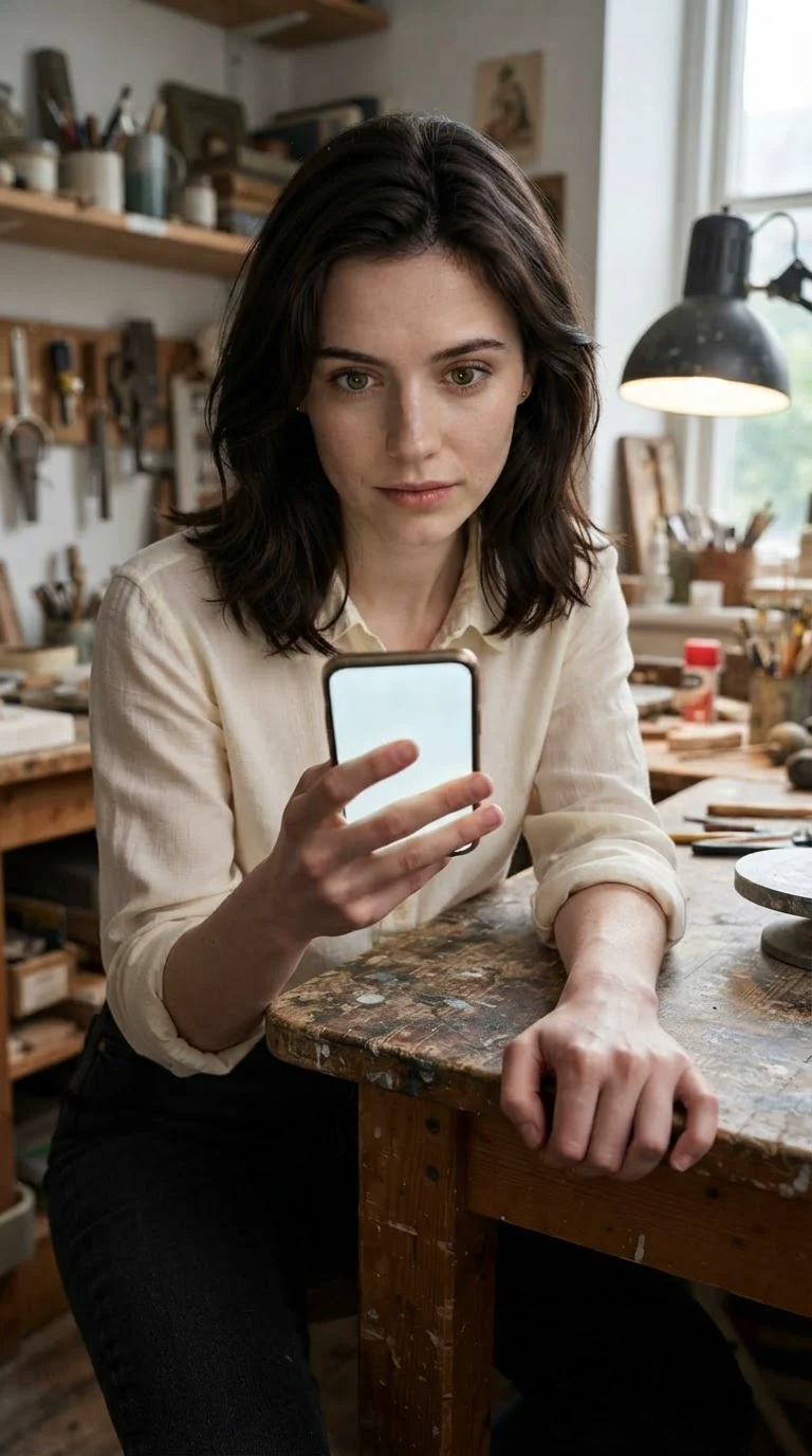 Close on Maris reading another cruel message, her hand gripping the worktable.