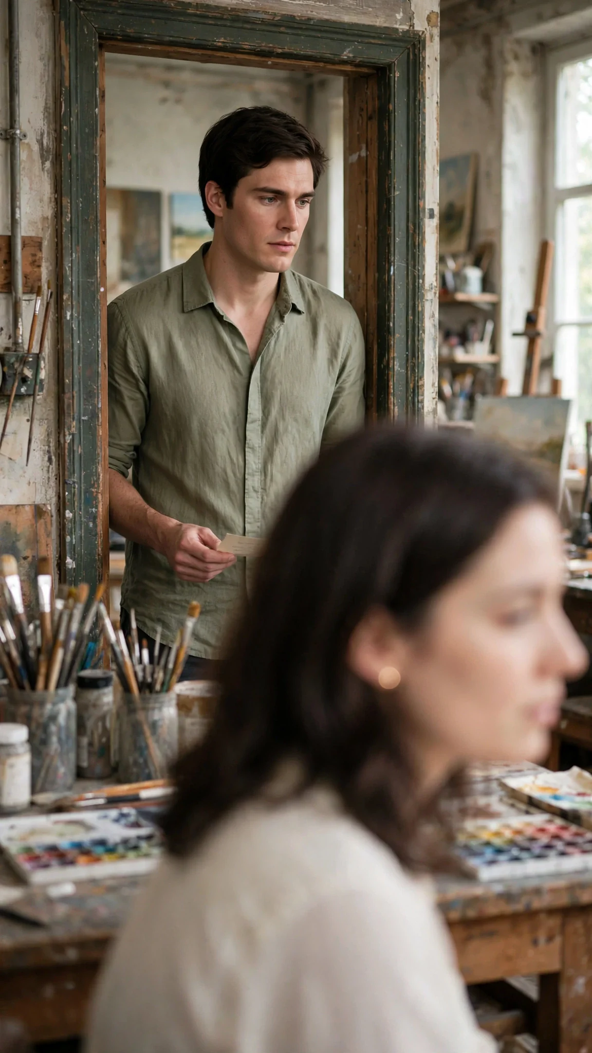 Rory appears in the studio doorway holding a signed paper slip, watching Maris with concern.