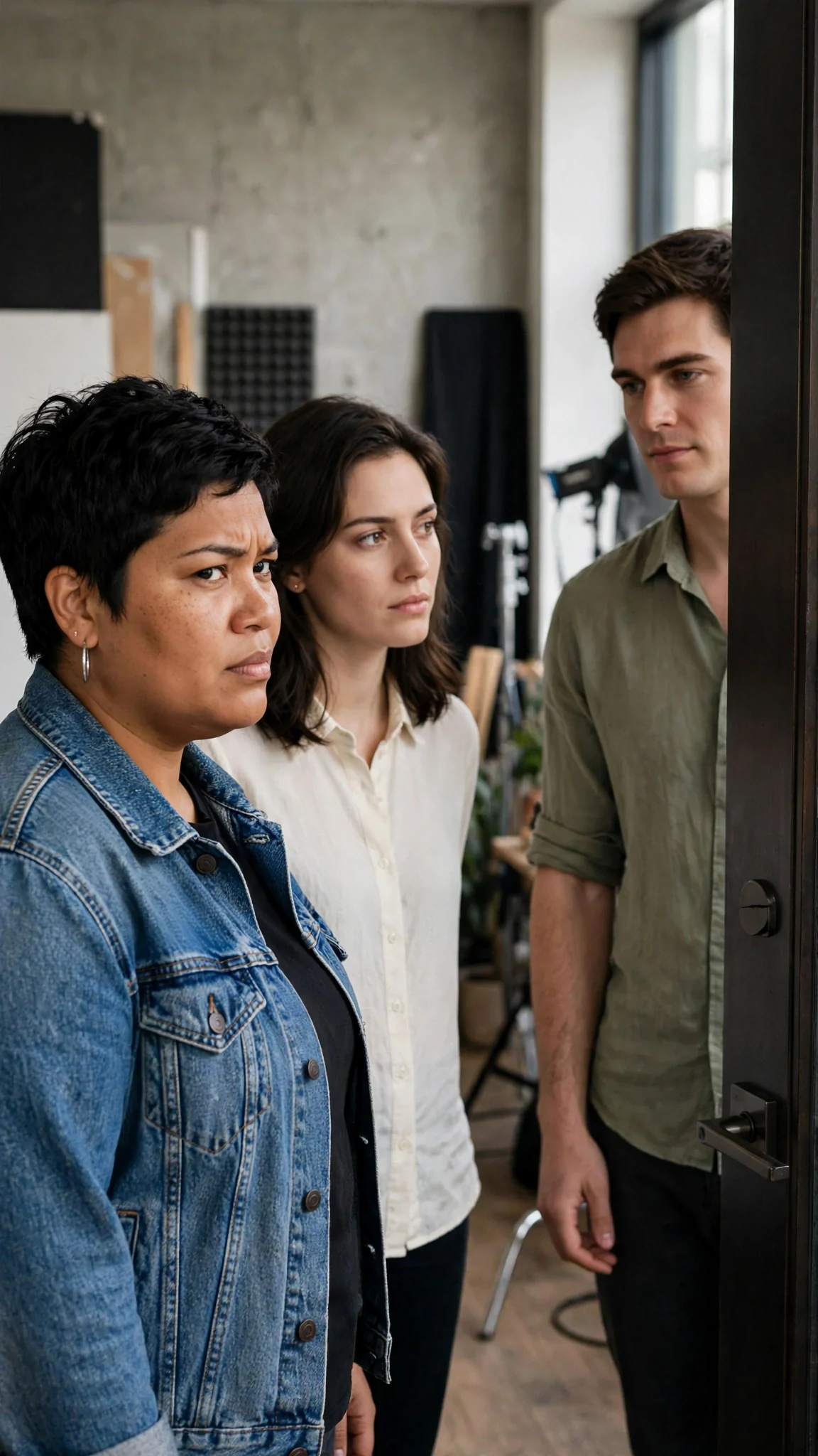 Jules enters the studio in a denim jacket and stares protectively at Rory.
