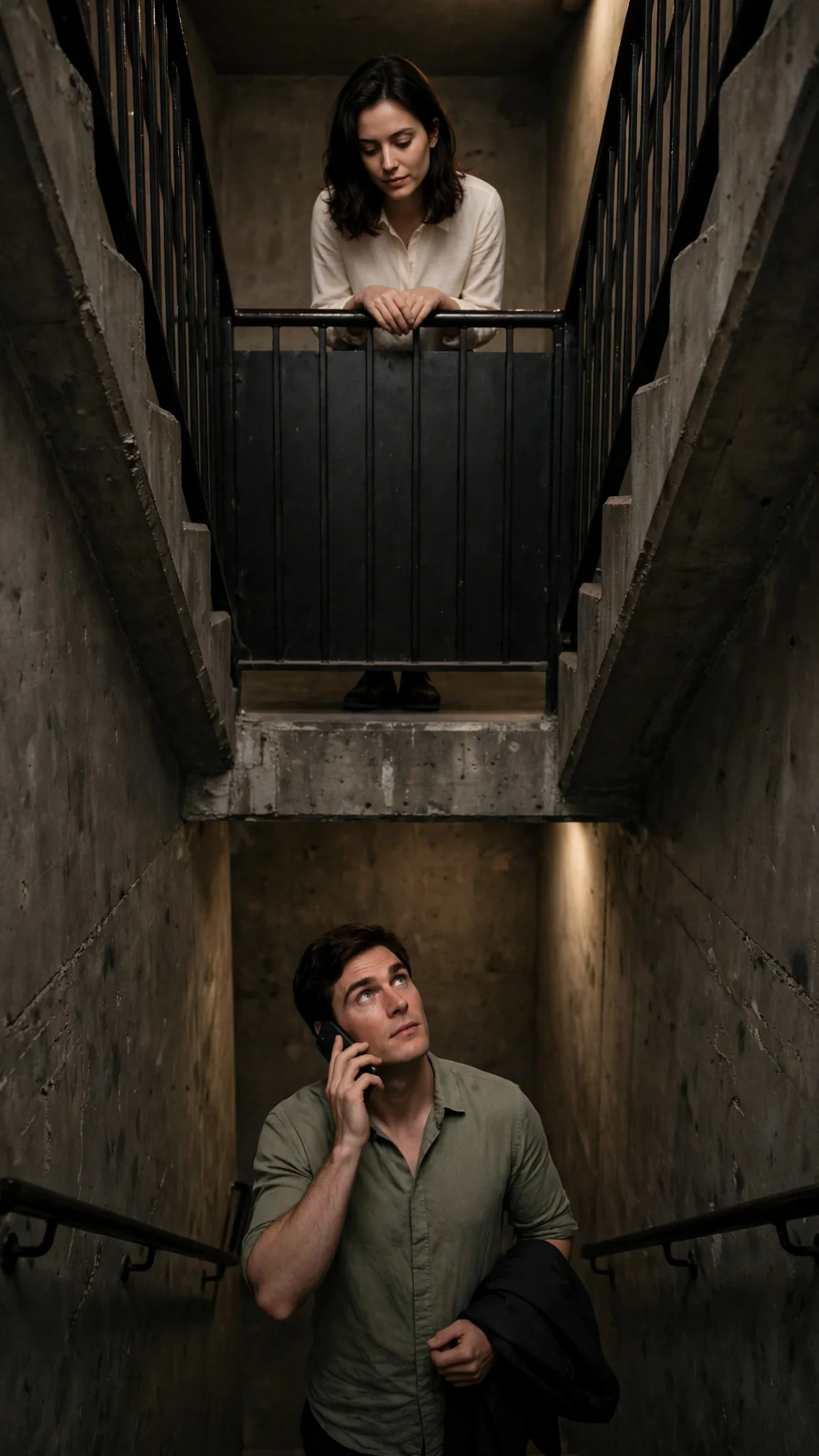 Maris finds Rory at the bottom of the studio stairs with his jacket over one arm.