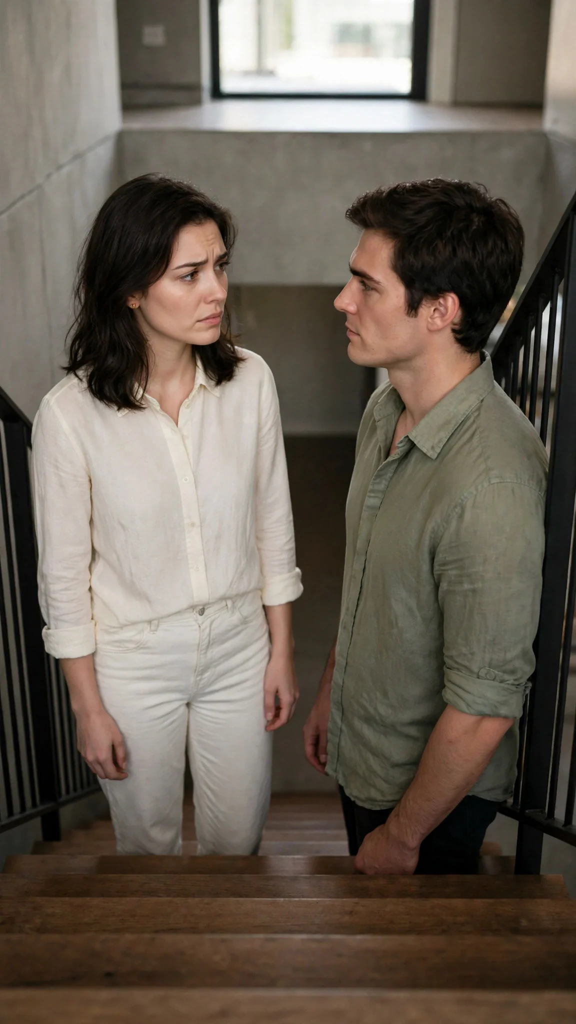 Maris and Rory face each other on the stairs, close but not touching.