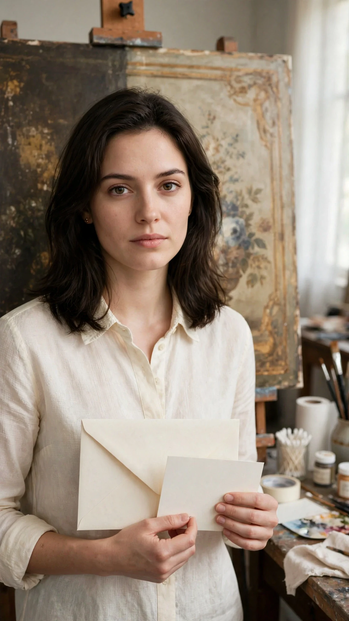 Maris holds the ivory dinner invitation in her studio, resolved.