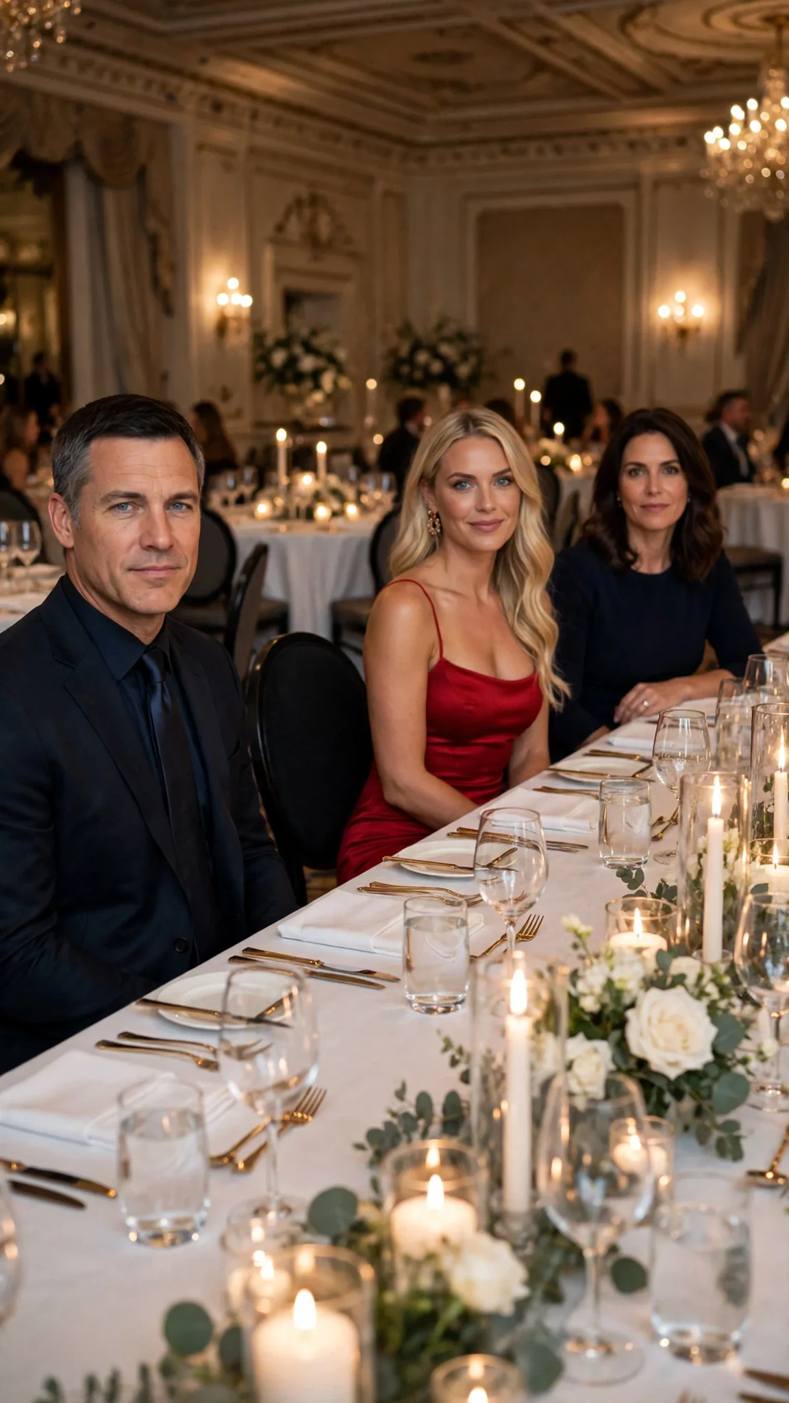 A long hotel dinner table with a husband at one end and his wife alone at the other.