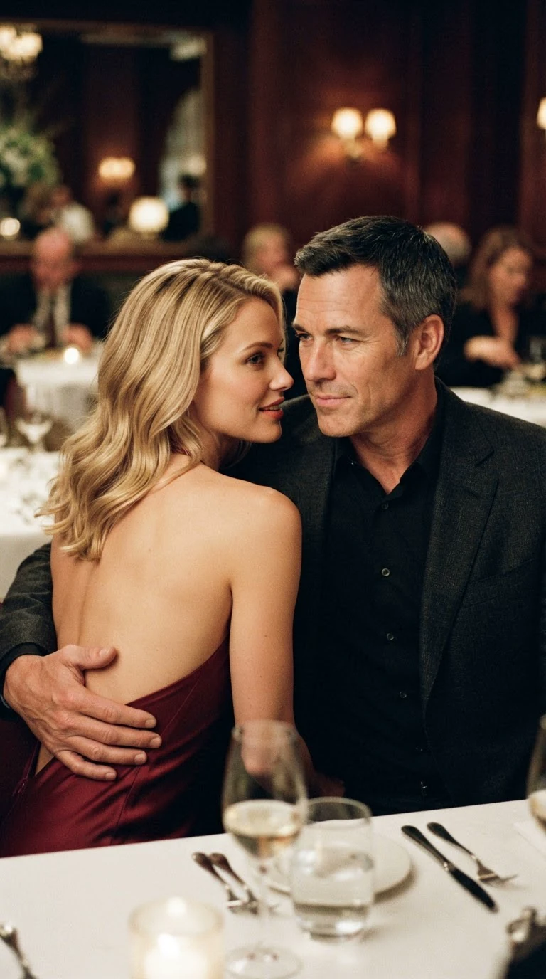Grant's hand slides down Sloane's back as she leans into him.