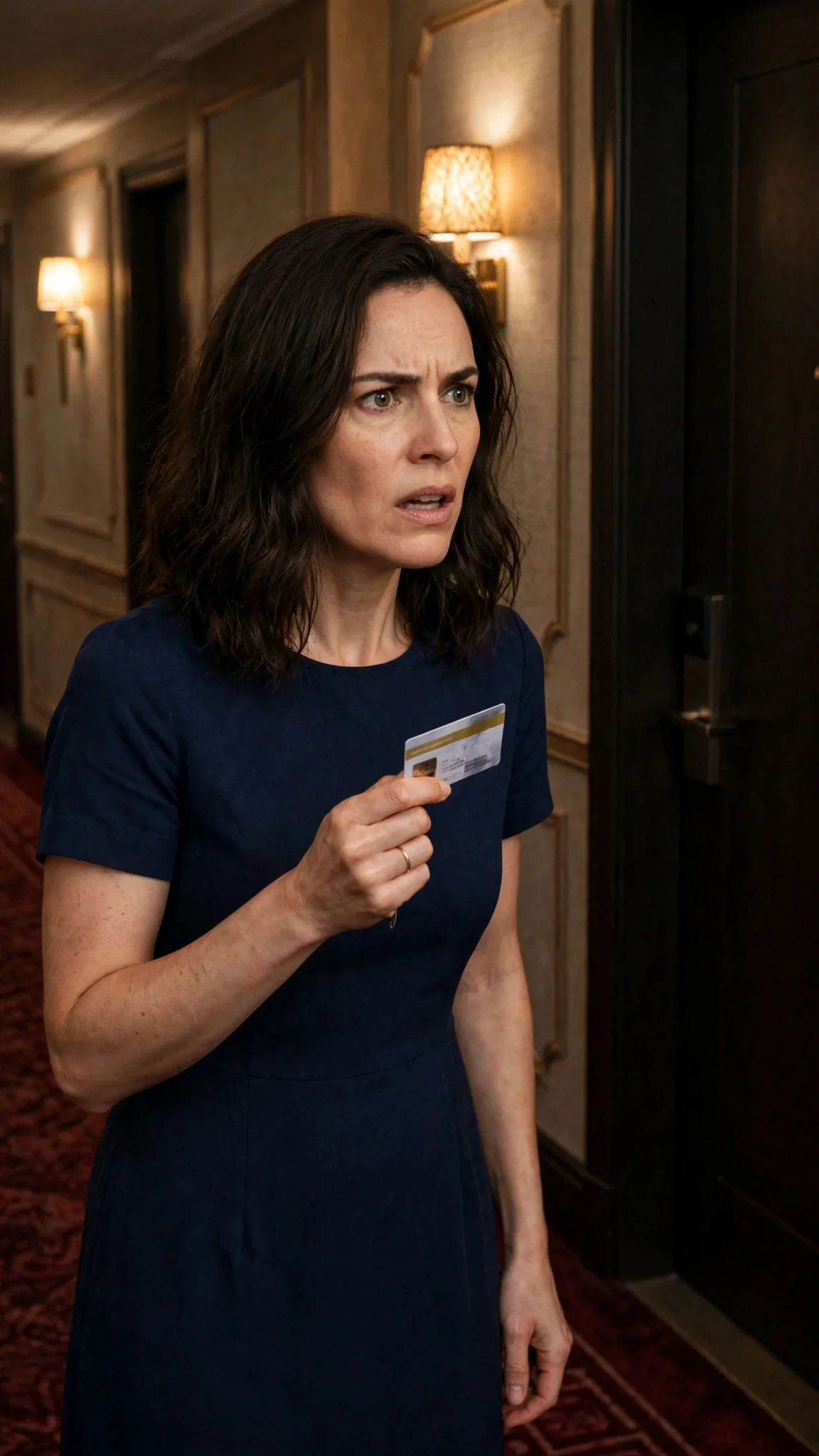 Lena stands at the door of Grant's hotel suite with a key card.