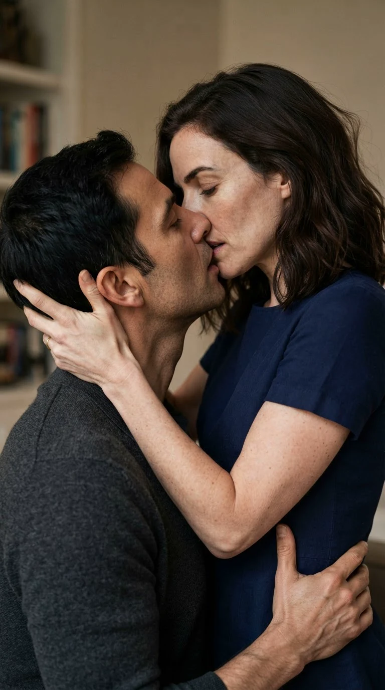 Lena pulls Grant down into a kiss, hands in his hair.