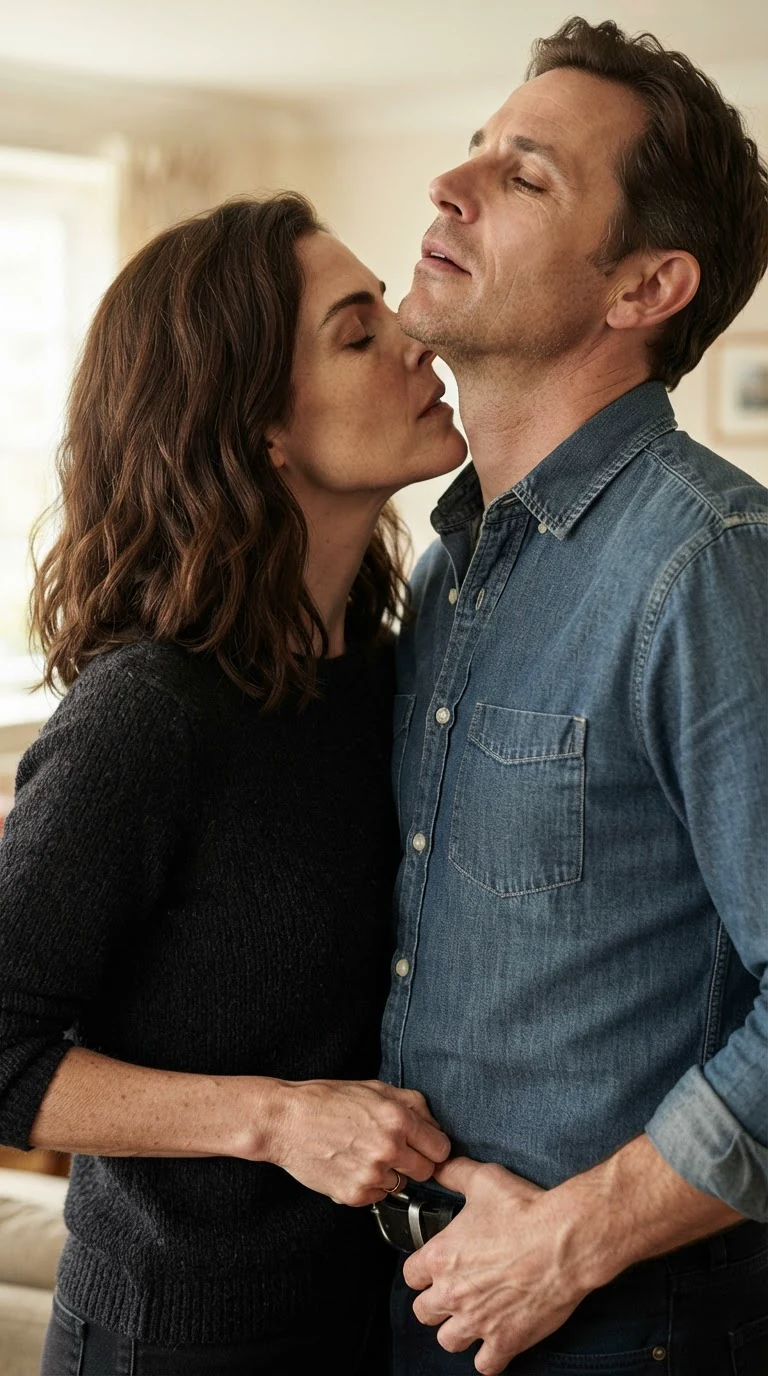 Lena kisses Grant's jaw while her hand works at his belt.