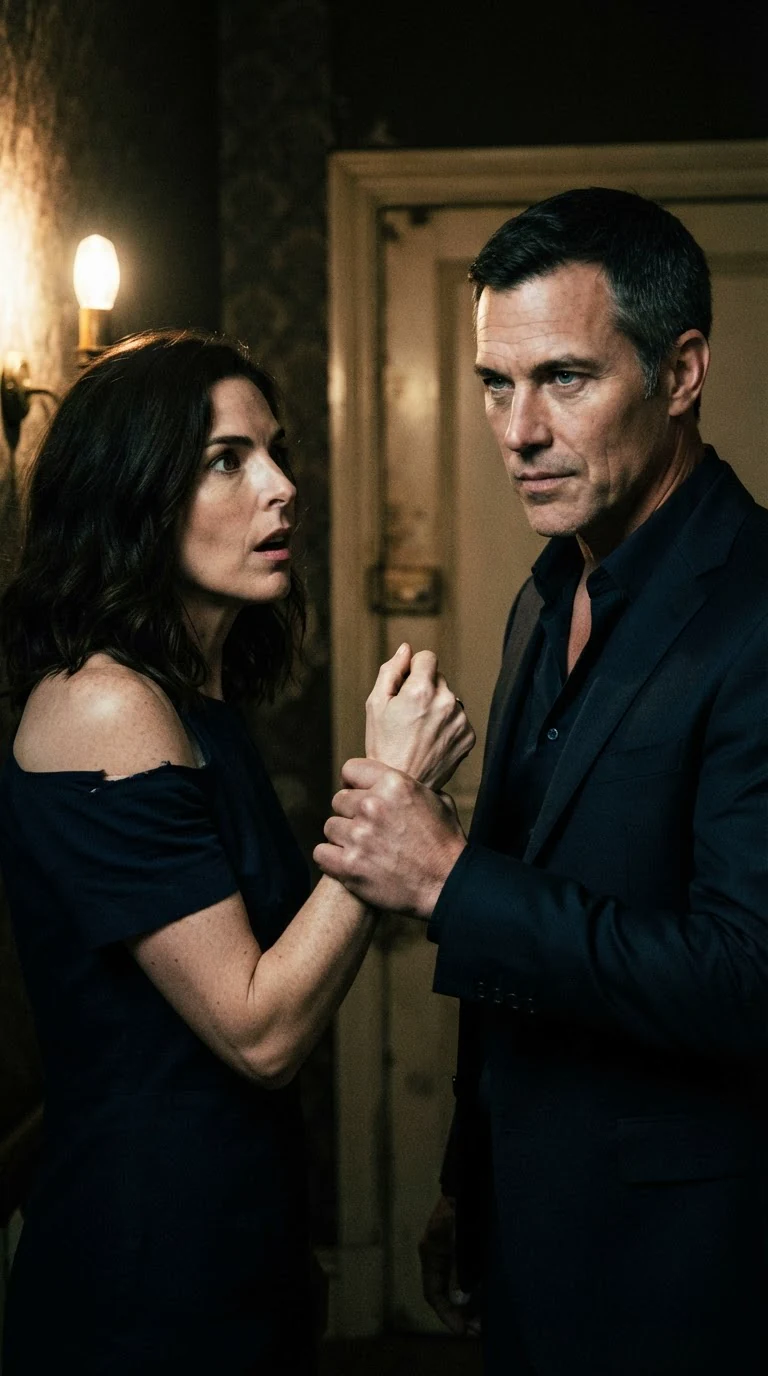 Grant grips Lena's wrist and pushes her back, his face cold.