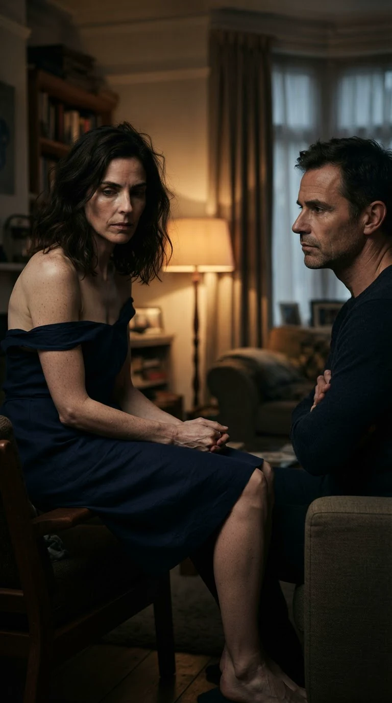 Lena half undressed on Grant's lap while he looks past her.