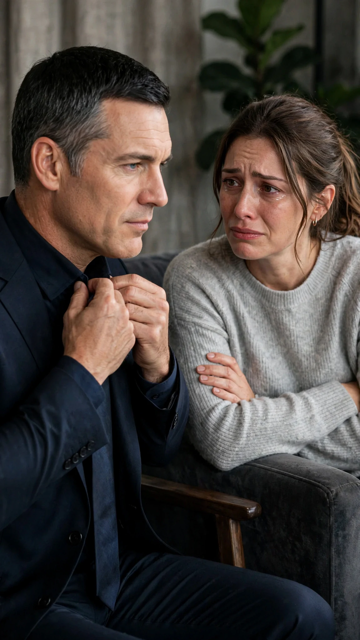 Grant straightens his shirt and speaks to Lena without warmth.