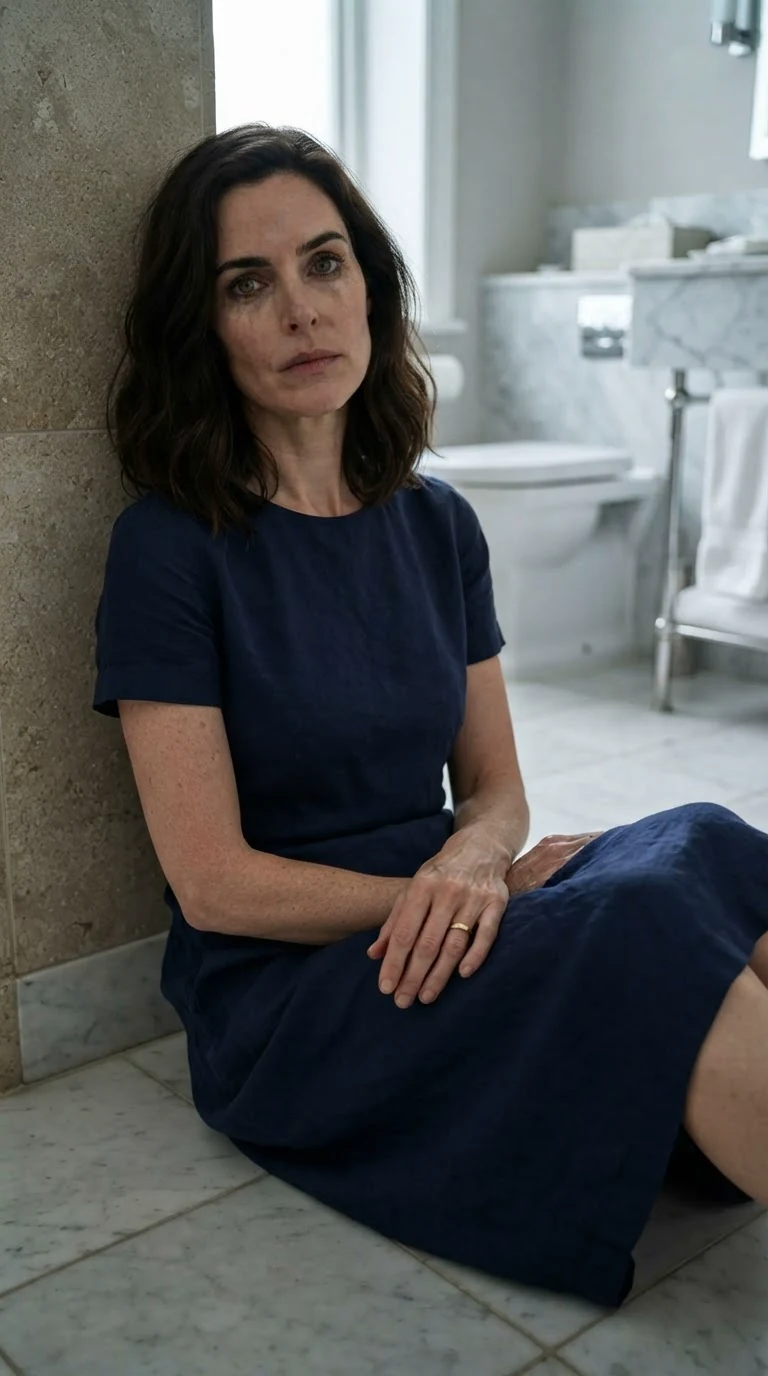 An exhausted woman in a navy dress sits on the floor of a hotel bathroom in early morning light.
