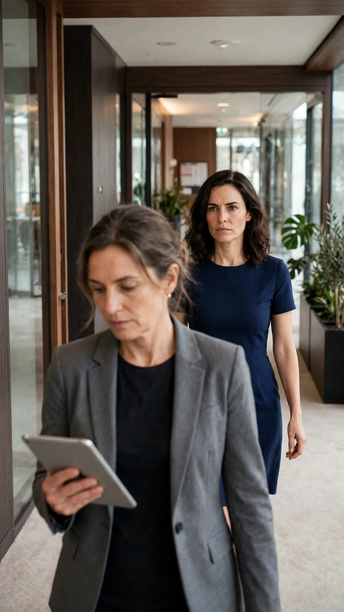 A woman in a gray blazer walks a younger woman down a bright corporate hallway without speaking.