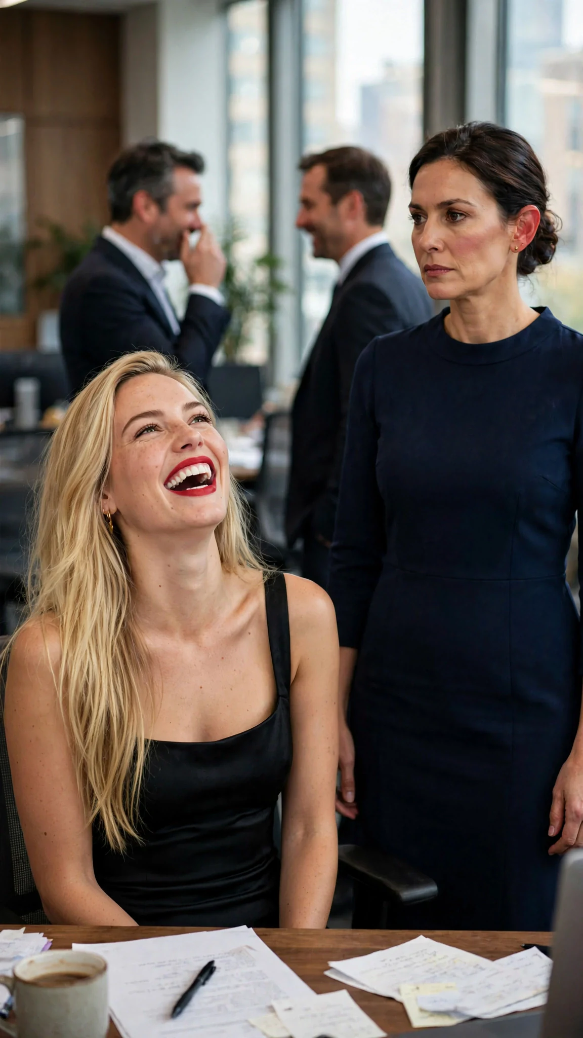 Two businessmen near a window hide smiles while a blonde woman laughs at her desk.