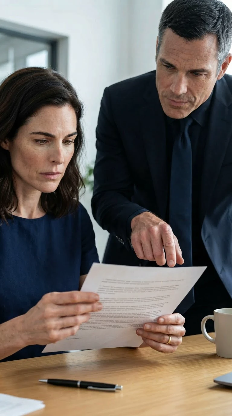 A woman's hands hold a thick contract while her husband stands over her, explaining.