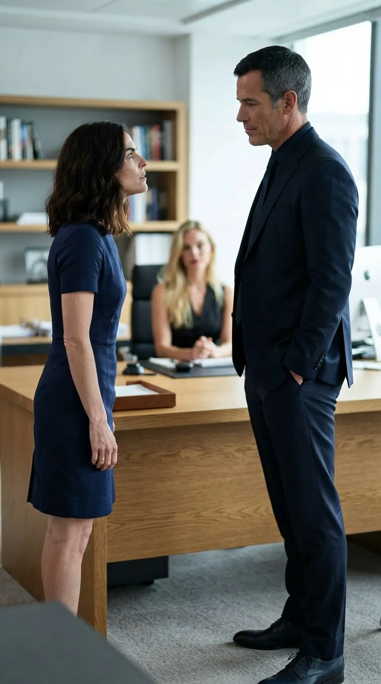 A woman in a navy dress looks up sharply at her husband across a desk.