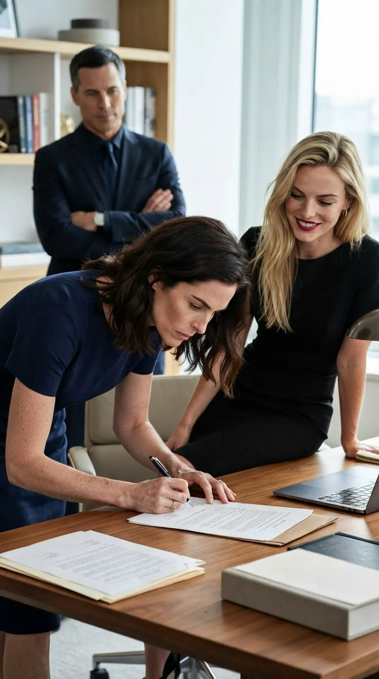A woman signs a contract at a desk while a blonde woman watches with a smirk from the next chair.